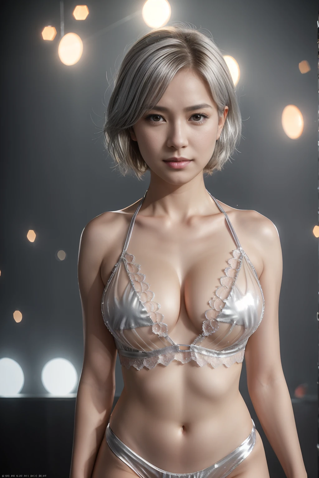 studio lighting, bokeh, light fog around, blond woman floating in the air, messy short hair, hands in hair behind the head, medium sensual breast, ((transparent silver lace bikini)), close up, beautiful figure, soft smile, neon lights on background, luminescent particles, masterpiece, perfect anatomy, 32k UHD resolution, best quality, highres, realistic photo, professional photography, cinematic angle, cinematic lights