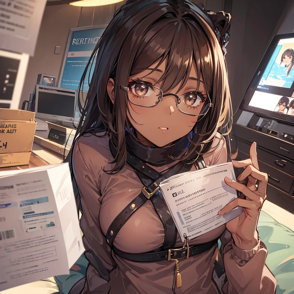 Woman dark skin shiny brown eyes with glasses