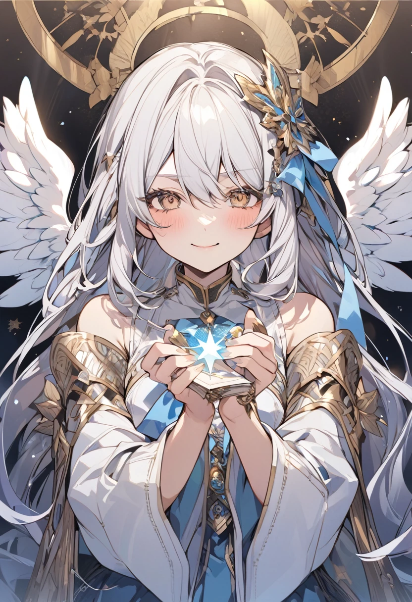 (masterpiece)、(absurdres)、(ultra detailed)、(8k),((Woman with angel wings:1.2)),Floating white feathers:1.4,(soft lighting:1.2),smile,cowboy shot,(Greek national costume:1.2),front,((solo girl),(white hair),shortcut hair,(shiny pink eyes),(middle breast:0.9),BREAK,(yellow hairpin:0.9),BREAK,hands on Floating rainbow lighting cube:1.1,looking down:1.1,closed mouth,