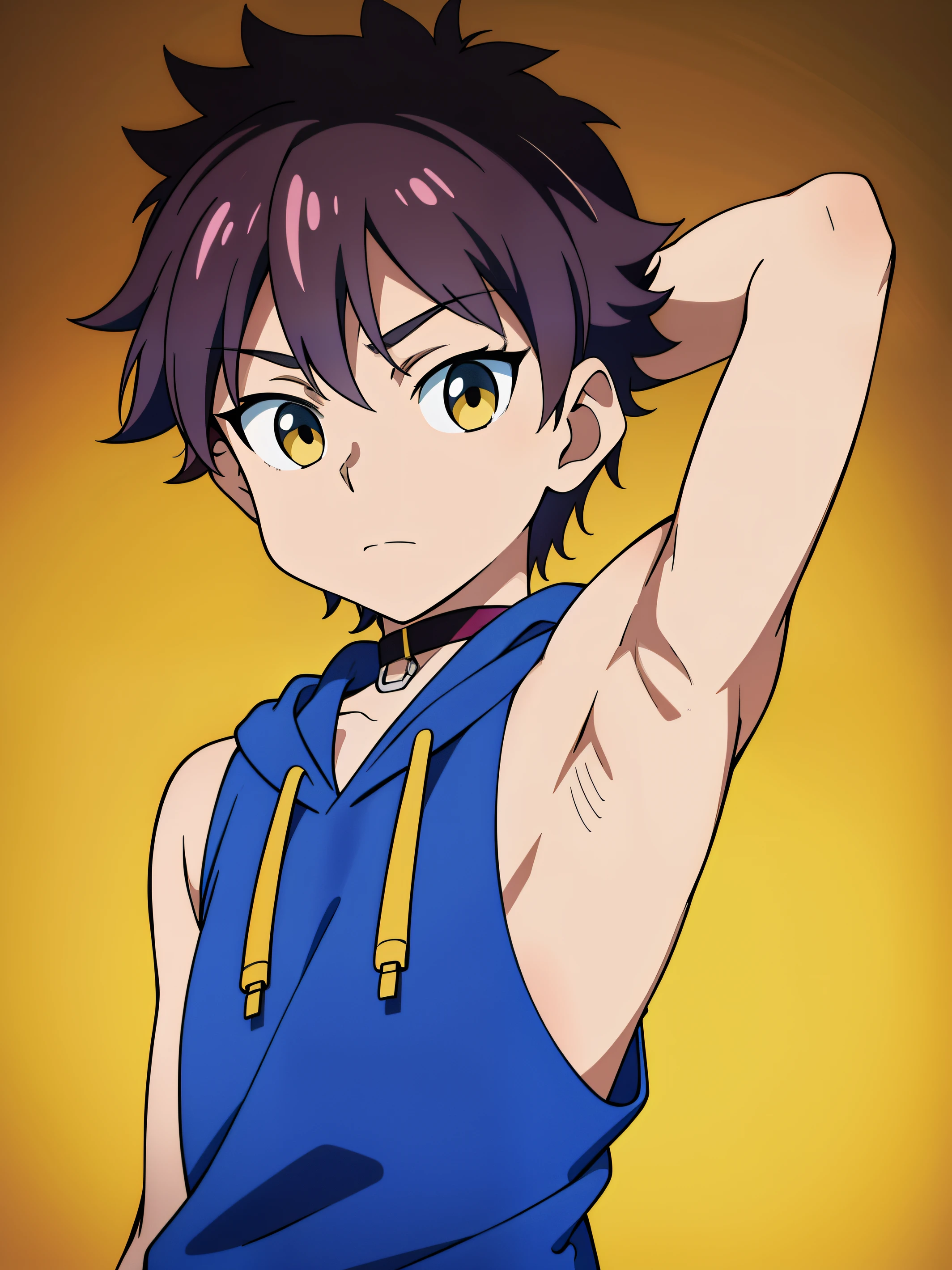 Highres, Masterpiece, Best quality at best,Best Quality,hight quality, hight detailed, Anime style, Age 12, 1kid, Boy, Shota, Solo person, Young boy, Upper body, body, Sleeveless hoodie, Choker, bare shoulder, yellow background, (Showing armpit:1.3), Shine closer to the armpit, pink armpit, Sexy armpit, seductive armpits, Such a cute smooth armpit, The armpits of a 12 year old boy, Adorable little armpits, Give me a proportional picture of a 12 year old boy's armpits, (very young boy), (Very small and short body), uhd, bokeh