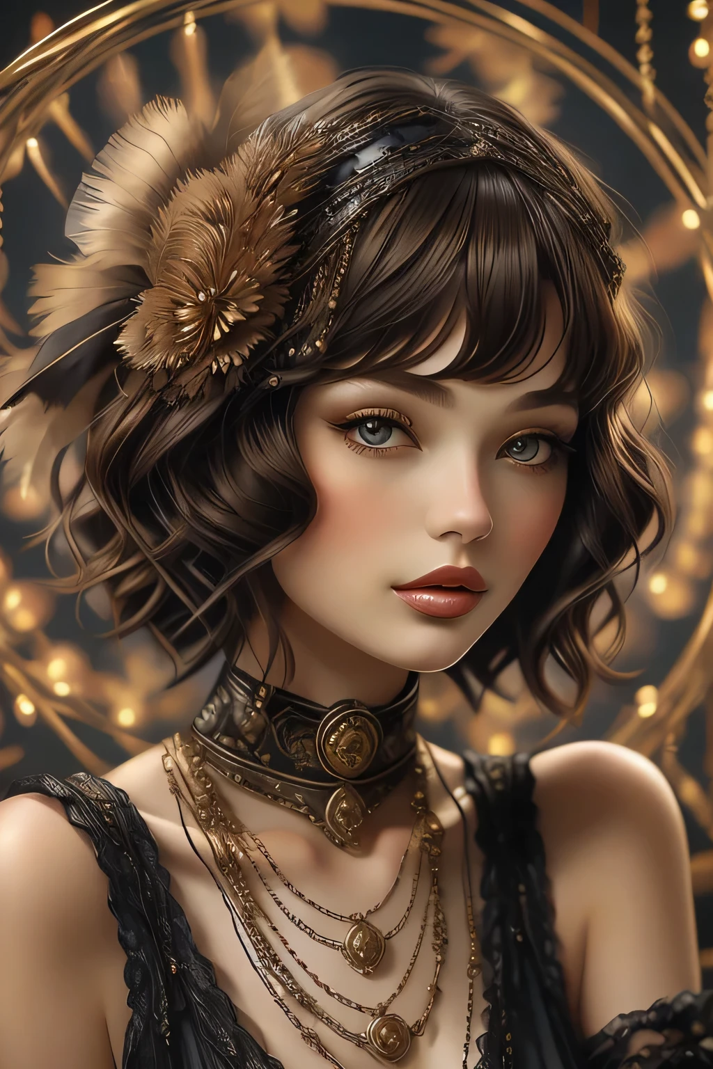 (work of art, best qualityer:1.2),extremely pretty, realisitic,xcharleston-Stil, 1 girl, standing alone, chestnut hair, mitts, don, tart, eyes browns, jewerly, black mitts, elbow mitts, necklase, fishnet stockings, fan, realisitic, Foldable fans