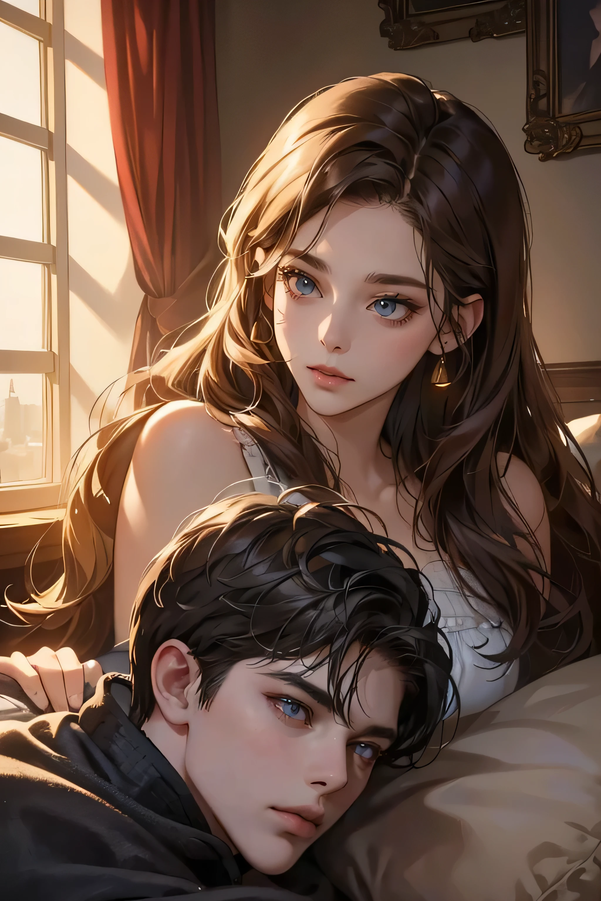 a detailed portrait of a boy and girl cuddling, girl with shoulder-length waved hair, extremely detailed eyes and faces, (best quality,4k,8k,highres,masterpiece:1.2),ultra-detailed,(realistic,photorealistic,photo-realistic:1.37),cinematic lighting,dramatic shadows,warm color palette,romantic atmosphere