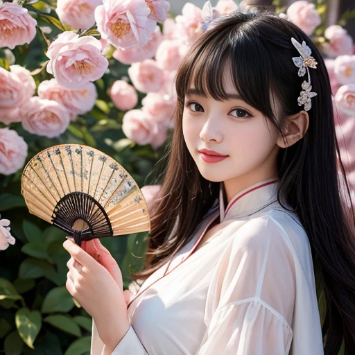 best quality, Delicate face,beautiful visual work, lifelike, eternity, black hair, Long curly hair, blunt bangs, Smile, 在flower园里, flower, Detailed Background, Delicate face,pink blush,cold,((masterpiece))、(top quality)、8k、high detail、Super detailed,21 years old female,Wearing Chinese cheongsam、Seductive and whimsical style、masterpiece、born、Scenes resembling fairy tale illustrations、intricate details和複雜的設計、Beautifully、magic、capricious、 Beautifully、Dream aesthetics、「𝓡𝓸𝓶𝓪𝓷𝓽𝓲𝓬、ethereal、charming、fickle、magic」、realism、Visual effects、FXAA、SSAO、Shader、voiceless、ambient lighting、Tone mapping、High resolution、Ultra high quality、Million pixels、(8K resolution:1.10)、8k、8k以下、8K resolution、high detail、intricate details, (high quality:1.2、masterpiece:1.2、:1.21)、(21 years old female:1.21)、(興奮地Smile)、(Surrounded by a dreamy atmosphere、Model diagram,full-body shot,Normal 2 feet,Don't show your fingers,Japanese folding fan opens on the chest