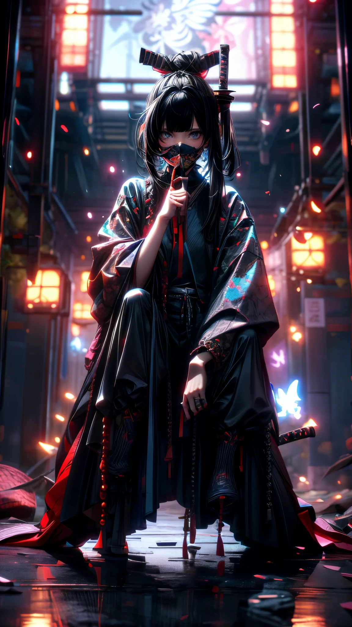 (masterpiece:1.2), best quality,cg,3d, Samurai girl,
Samurai girl, weapon, sword, solo, holding, black hair, holding weapon, bangs, bug, blunt bangs, holding sword, butterfly, mask, 1girl, long sleeves, single hair bun, hair bun, glowing, reflective floor, katana, indoors, facing viewer, long hair, reflection, sitting, full body, wide sleeves, jewelry, sheath, one knee, beads