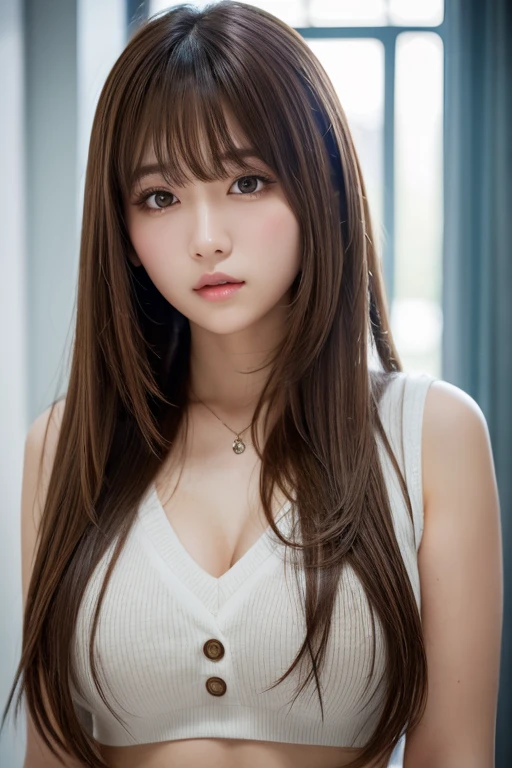 One girl, solo, High resolution, Long Hair, chest, Gaze, bangs, Brown Hair, Plump