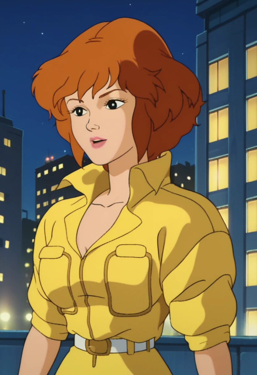 score_9, score_8_up, score_7_up,  
apriloneil, yellow jumpsuit, white belt, 1girl, solo, (night), city at night, city background, upper body, buildings retro_artstyle, cartoon, source_cartoon, 1990s_(style),