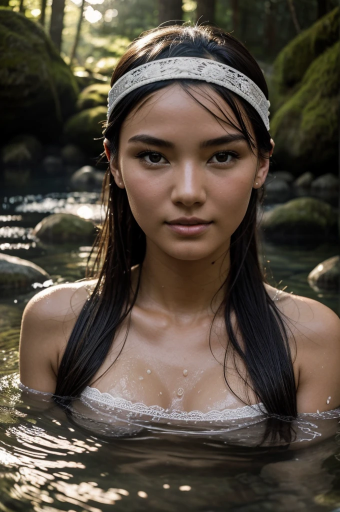 Best Quality, masterpiece, super high resolution, A super model submerged in hot springs in Japan., outdoor hot springs, stone hot springs, surrounded by moss and trees, super beautiful face, pure body, clear pores visible, (smile:0.8), using division (lace headband:1.2), (Realism:1.5), Photo original, soaked body, covered in sweat, bare shoulders, In the dark, deep shadows, low-key, cold light