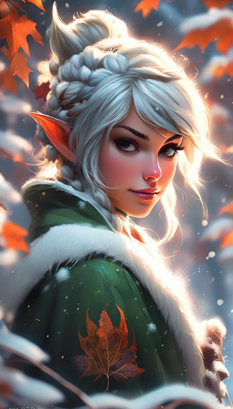 A snowy winter foliage Elf girl on a leaf in the snow, Snow Elves and Adventure World, Photo Realism, 8K resolution, Snow Winter Leaf Elves and MapleStory, Photo Realism, 8K resolution,, garden, Popular on artstation, 4K, Intricate details, Very detailed, pencil drawing, sketch, Unreal Engine, Greg Rutkowski, Loish, Rad, beeping sounds, Makoto Shinkai and Louis van Baarle, Ilya Kuvshinov, rossdraws, Tom Bagshaw, Alphonse Mucha, painting, Heavy Attack, Paint dripping, painting, Heavy Attack, Paint dripping