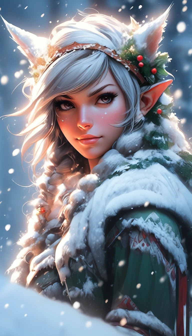 A snowy winter foliage Elf girl on a leaf in the snow, Snow Elves and Adventure World, Photo Realism, 8K resolution, Snow Winter Leaf Elves and MapleStory, Photo Realism, 8K resolution,, garden, Popular on artstation, 4K, Intricate details, Very detailed, pencil drawing, sketch, Unreal Engine, Greg Rutkowski, Loish, Rad, beeping sounds, Makoto Shinkai and Louis van Baarle, Ilya Kuvshinov, rossdraws, Tom Bagshaw, Alphonse Mucha, painting, Heavy Attack, Paint dripping, painting, Heavy Attack, Paint dripping