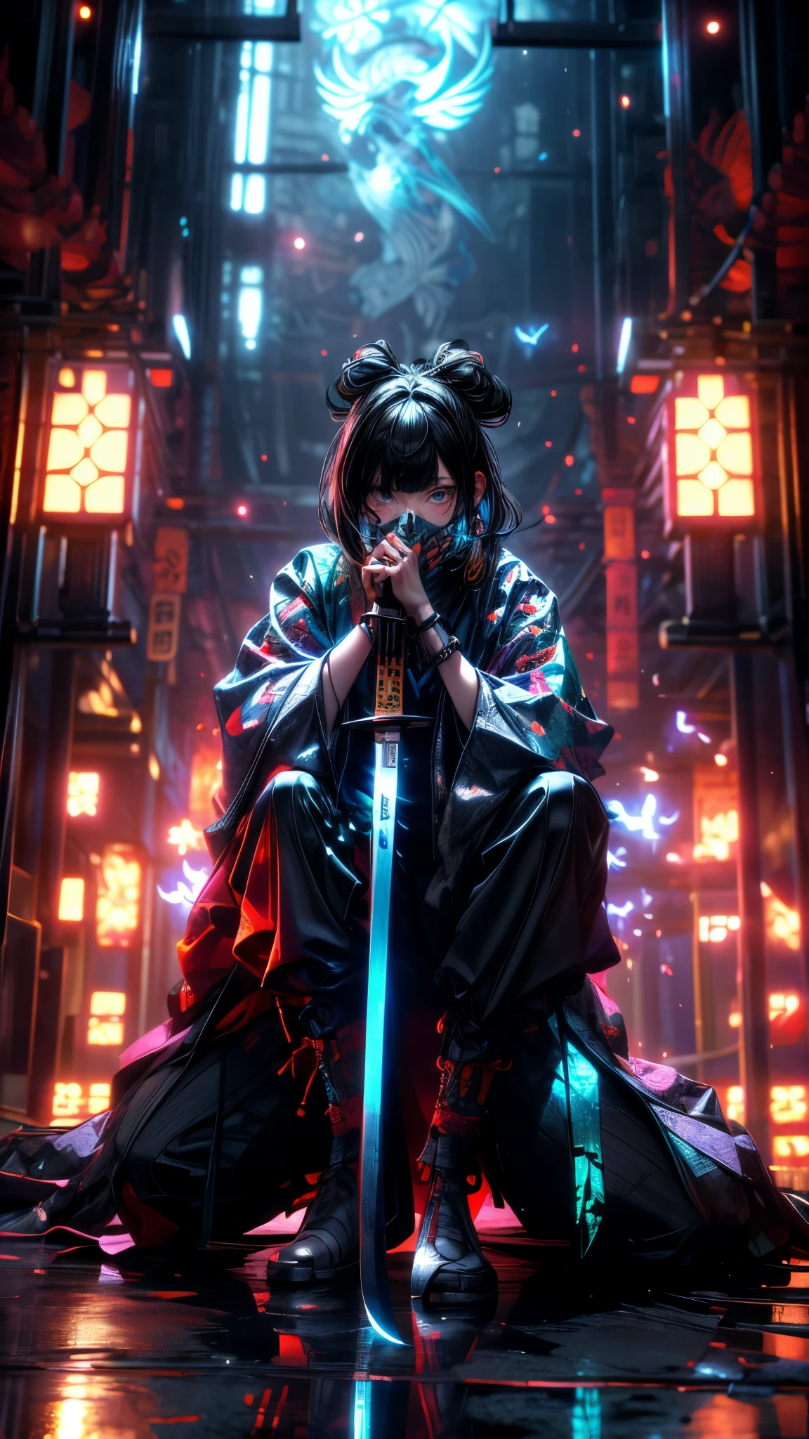 (masterpiece:1.2), best quality,cg,3d, Samurai girl,
Samurai girl, weapon, sword, solo, holding, black hair, holding weapon, bangs, bug, blunt bangs, holding sword, butterfly, mask, 1girl, long sleeves, single hair bun, hair bun, glowing, reflective floor, katana, indoors, facing viewer, long hair, reflection, sitting, full body, wide sleeves, jewelry, sheath, one knee, beads
