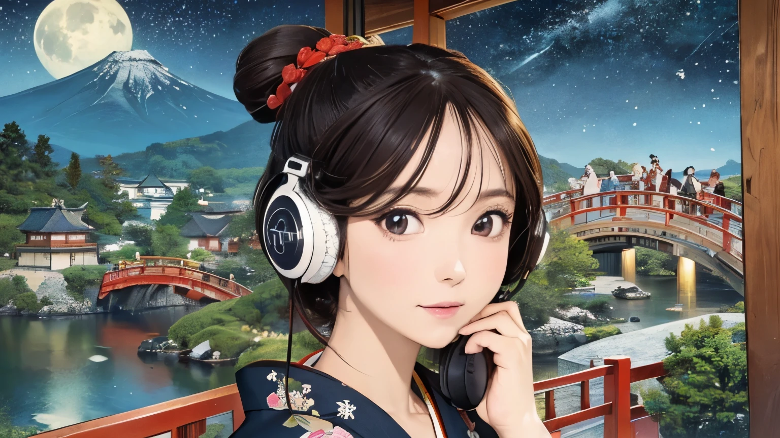 (Highest quality, 8k, masterpiece, High resolution), (whole body), Vibrant colors, (Japanese style headphones), Brown-black bob, Traditional topknot, Ample breasts, (Highly detailed face and eyes, Beautiful Face, Beautiful Eyes, Beautiful nose, Pretty lips), Official Art, Ukiyo-e style, (Beautiful woman in kimono), (Vivid floral patterned kimono), background, river, bridge, Mountain, wood, Starry Sky, moon, Detailed CG, 