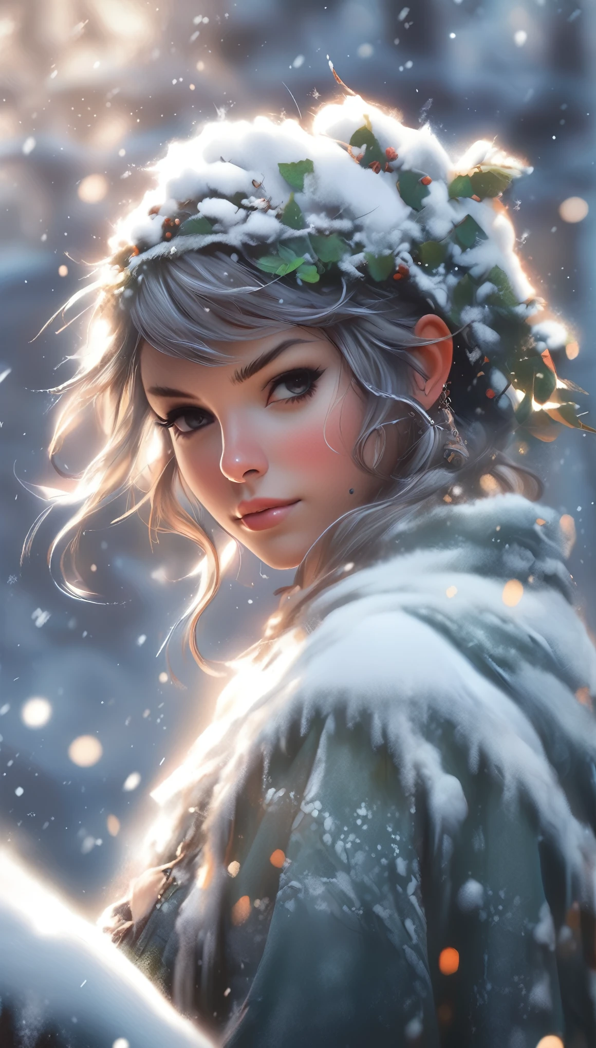 A snowy winter foliage Elf girl on a leaf in the snow, Snow Elves and Adventure World, Photo Realism, 8K resolution, Snow Winter Leaf Elves and MapleStory, Photo Realism, 8K resolution,, garden, Popular on artstation, 4K, Intricate details, Very detailed, pencil drawing, sketch, Unreal Engine, Greg Rutkowski, Loish, Rad, beeping sounds, Makoto Shinkai and Louis van Baarle, Ilya Kuvshinov, rossdraws, Tom Bagshaw, Alphonse Mucha, painting, Heavy Attack, Paint dripping, painting, Heavy Attack, Paint dripping