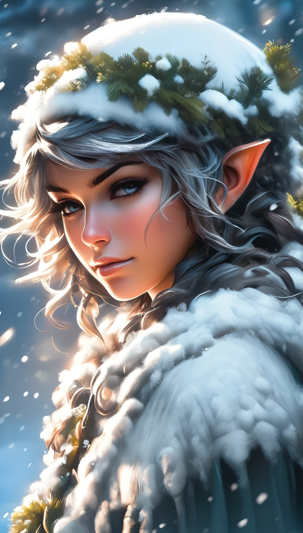 A snowy winter foliage Elf girl on a leaf in the snow, Snow Elves and Adventure World, Photo Realism, 8K resolution, Snow Winter Leaf Elves and MapleStory, Photo Realism, 8K resolution,, garden, Popular on artstation, 4K, Intricate details, Very detailed, pencil drawing, sketch, Unreal Engine, Greg Rutkowski, Loish, Rad, beeping sounds, Makoto Shinkai and Louis van Baarle, Ilya Kuvshinov, rossdraws, Tom Bagshaw, Alphonse Mucha, painting, Heavy Attack, Paint dripping, painting, Heavy Attack, Paint dripping