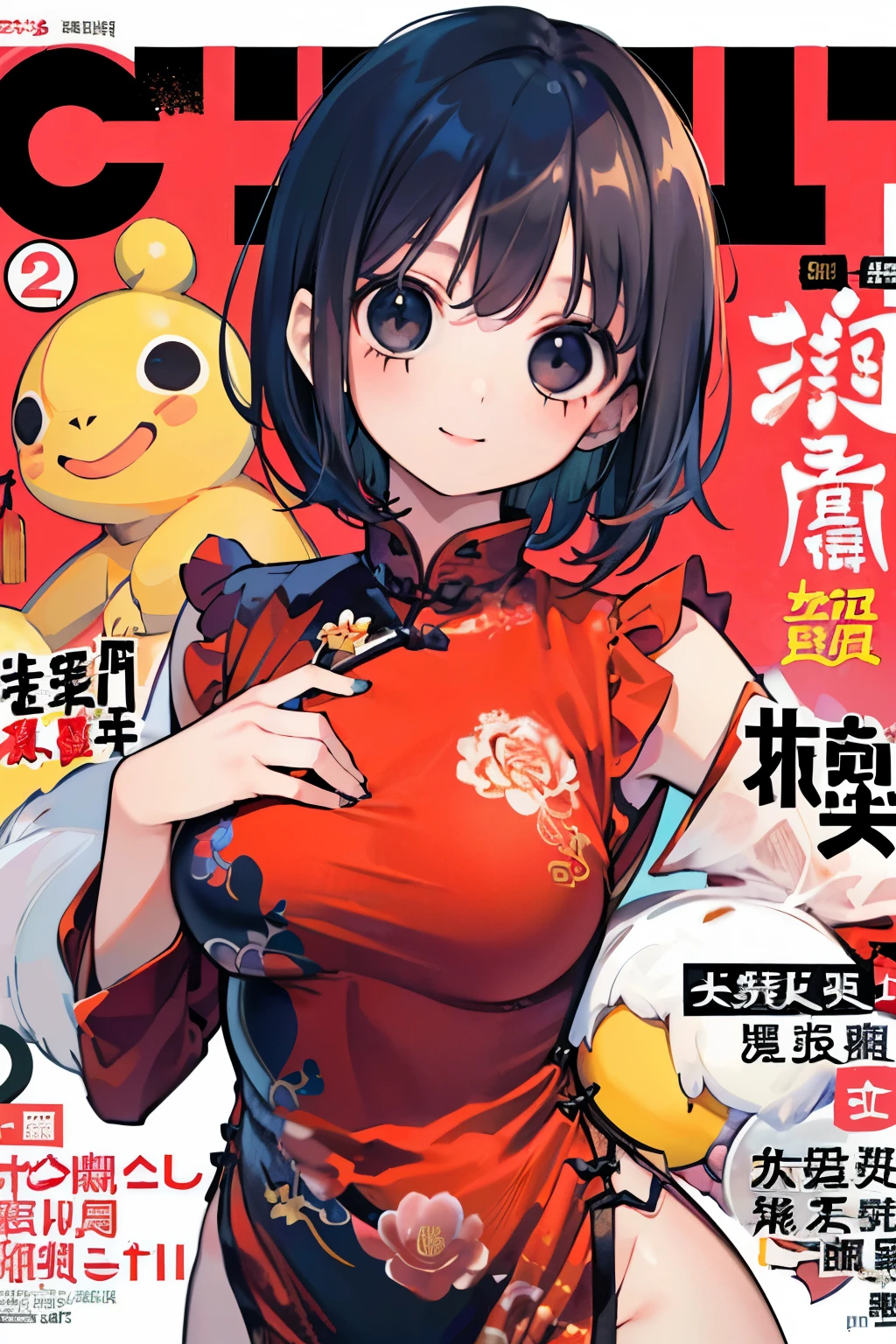 girl,highlight black hair,short curl hair,(double sleeve long sleeve),((Chinese dress with lots of frills:1.3)),((long hem)),((Kaminarimon pattern background:1.3)),close-up Face,(Cute smile),(magazine cover:1.3),(spread one leg:1.1),((🔞:1.3)),(penis:1.2).