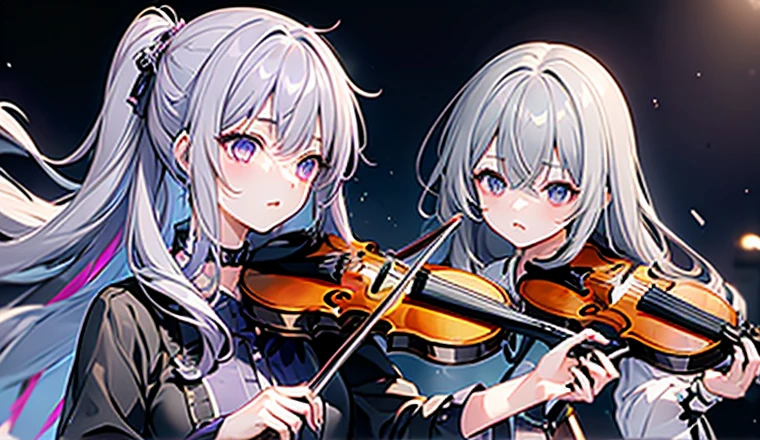 (one Adult Anime Girl 2d Long Hair Loose light Purple-Grayish, Age Adulthood adul) (other girl hair, with violin) together, two girls, clothes Rockstar