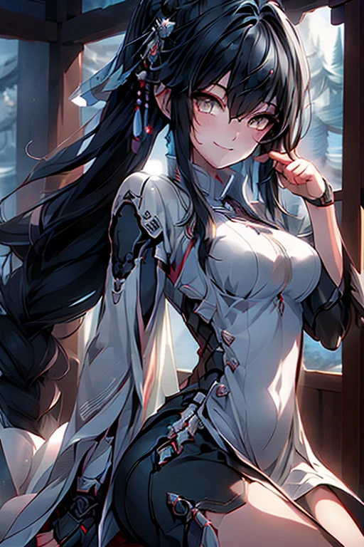 black hair, long hair, wince, long eyelashes, solid circle eyes, light smile, ear blush, fang, Surrealism, drop shadow, anaglyph, stereogram, tachi-e, pov, atmospheric perspective, 8k, super detail, accurate, best quality, Right hand grasping the hilt of a Single-edged iron sword, with the blade positioned upwards, only two pieces of armor, Armor Dress, index finger and thumb grasping the hilt, other three fingers relaxed, node, take out clothes,19