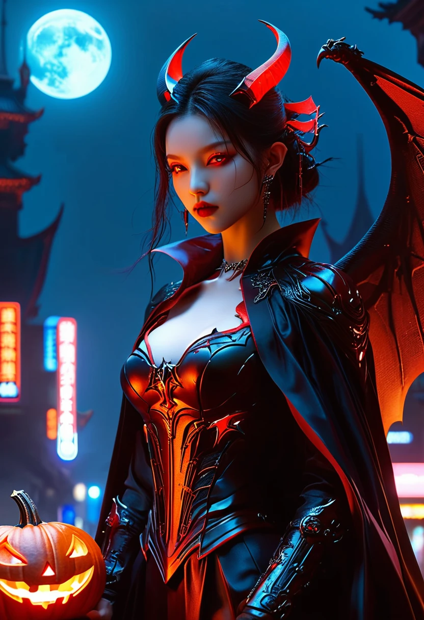 High quality，Best quality，Reality，Super realistic，Super detailed，masterpiece，high resolution，8k，Very real，Hellbringers，Red Eye，Crescent Moon，Hamburger，pumpkin，Close-up of a bat，一名持剑的女孩与vampire，Black cape，Cyberpunk Girl，Porcelain skin，vampire，Thin legs，超Reality主义，Tattoo，Red eyes，Gothic art style，((Bat Wings))，史诗奇幻number艺术风格，贵族优雅的vampire女孩，Dan Mumford，Tom Bagshaw，Dark fantasy art，Epic fantasy art style，Dark fantasy art style，Epic fantasy art style高清，黑暗幻想number艺术，Artistic image type, vampire少女调查下面广袤的网络大都会，Infused with neon lights，Revealing her technologically enhanced body，Embedded LEDs and retractable tech arms shine。She strikes a striking pose，Seems ready for action，A fusion of ancient legends and future visions}，Perfect location，City view，(Vivid neon lights：1.5)，(number：1.25)，(4K：1.2). environment：City Panorama，Bats flying over the skyline，(whole body:1.8), magazine photography，A cute girl image，Popular on social platforms，((Dopamineism))，(((Dopamine color matching)))，Dopamine，(in the style of Y2K)，Luo Erchun，Three-dimensional ancient style，Oriental poetry and painting