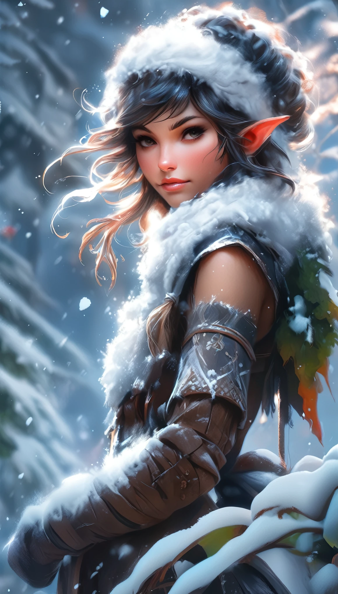 A snowy winter foliage Elf girl on a leaf in the snow, Snow Elves and Adventure World, Photo Realism, 8K resolution, Snow Winter Leaf Elves and MapleStory, Photo Realism, 8K resolution,, garden, Popular on artstation, 4K, Intricate details, Very detailed, pencil drawing, sketch, Unreal Engine, Greg Rutkowski, Loish, Rad, beeping sounds, Makoto Shinkai and Louis van Baarle, Ilya Kuvshinov, rossdraws, Tom Bagshaw, Alphonse Mucha, painting, Heavy Attack, Paint dripping, painting, Heavy Attack, Paint dripping