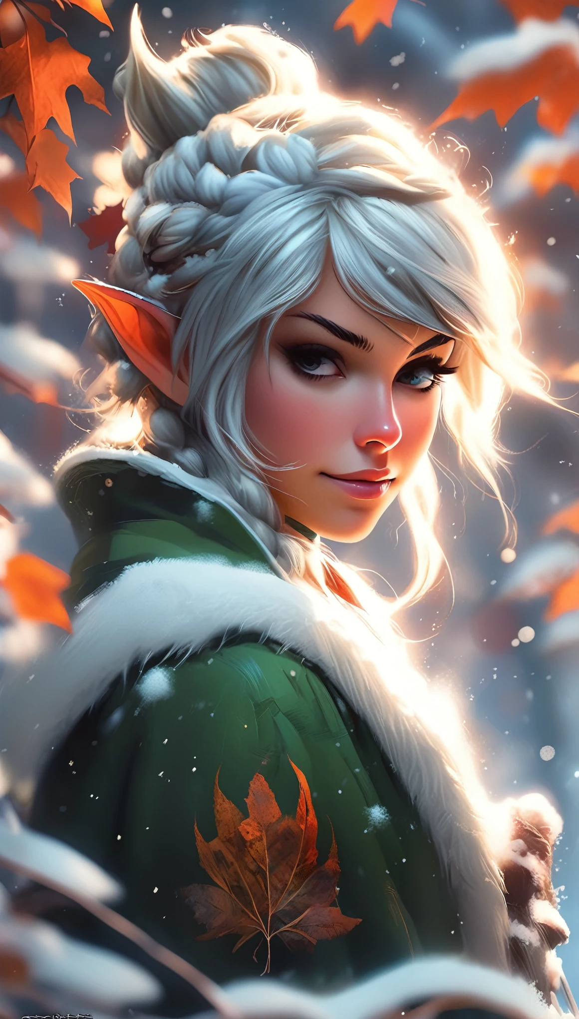 A snowy winter foliage Elf girl on a leaf in the snow, Snow Elves and Adventure World, Photo Realism, 8K resolution, Snow Winter Leaf Elves and MapleStory, Photo Realism, 8K resolution,, garden, Popular on artstation, 4K, Intricate details, Very detailed, pencil drawing, sketch, Unreal Engine, Greg Rutkowski, Loish, Rad, beeping sounds, Makoto Shinkai and Louis van Baarle, Ilya Kuvshinov, rossdraws, Tom Bagshaw, Alphonse Mucha, painting, Heavy Attack, Paint dripping, painting, Heavy Attack, Paint dripping