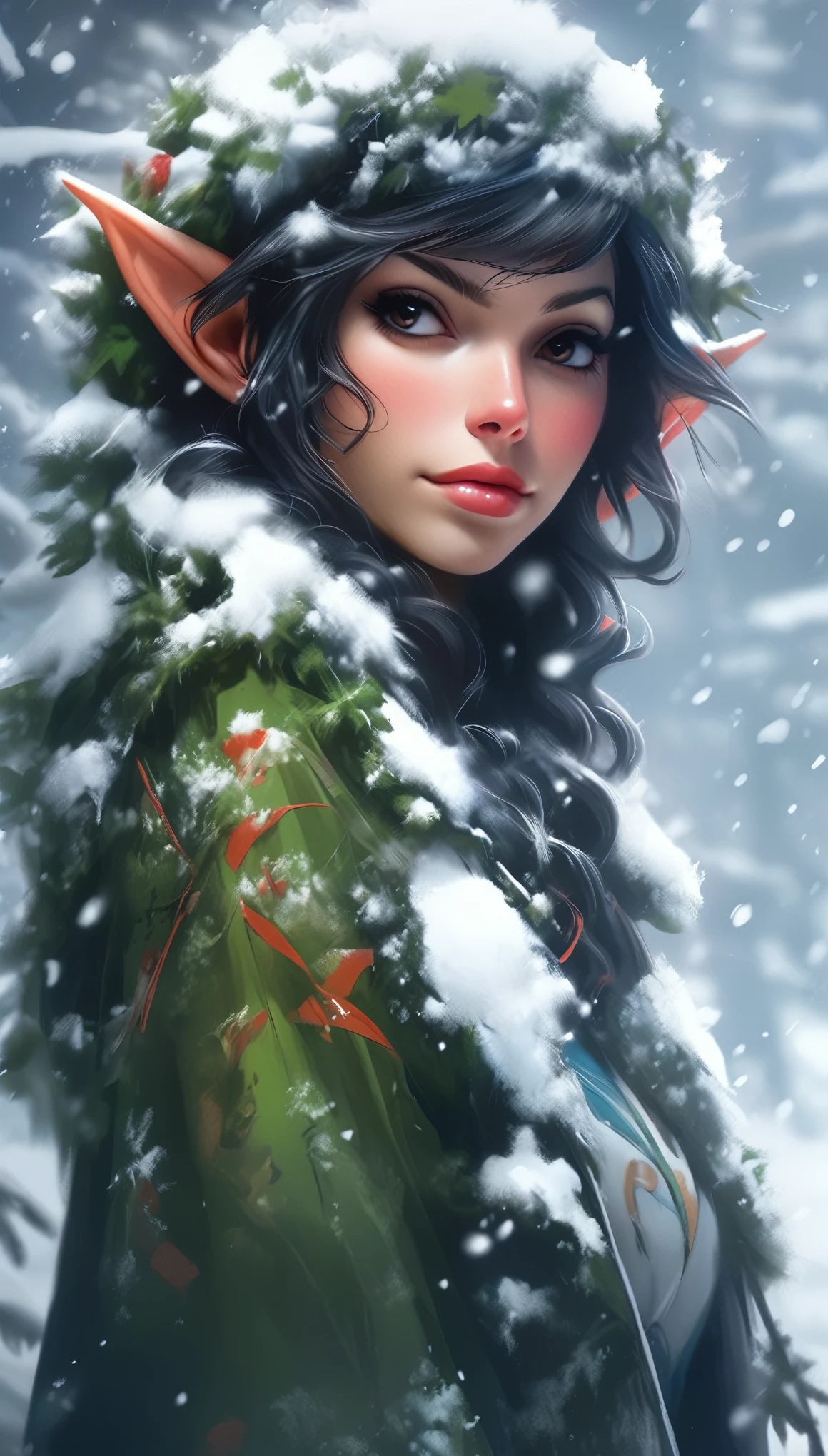 A snowy winter foliage Elf girl on a leaf in the snow, Snow Elves and Adventure World, Photo Realism, 8K resolution, Snow Winter Leaf Elves and MapleStory, Photo Realism, 8K resolution,, garden, Popular on artstation, 4K, Intricate details, Very detailed, pencil drawing, sketch, Unreal Engine, Greg Rutkowski, Loish, Rad, beeping sounds, Makoto Shinkai and Louis van Baarle, Ilya Kuvshinov, rossdraws, Tom Bagshaw, Alphonse Mucha, painting, Heavy Attack, Paint dripping, painting, Heavy Attack, Paint dripping