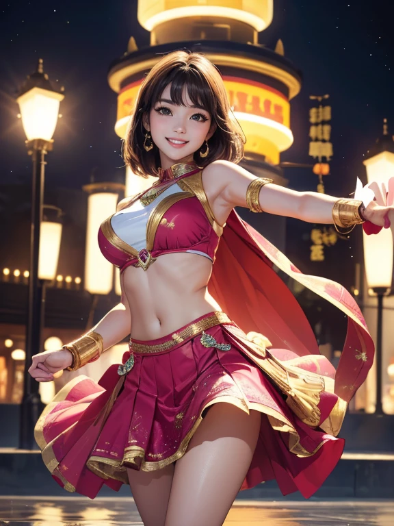 (Highest quality、 8k 、masterpiece、High resolution)、Full Body Shot、15 year old girl、Idol、Cute smile、Pretty lips、Adorable eyes、Dancing with a smile、Outdoor Stage、AKB48 Costumes、Realistic、Vibrant colors、Official Art、Detailed CG、Professional Lighting、Professional photographer、