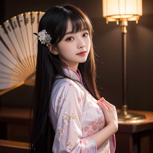 best quality, Delicate face,beautiful visual work, lifelike, eternity, black hair, Long curly hair, blunt bangs, Smile, 在flower园里, flower, Detailed Background, Delicate face,pink blush,cold,((masterpiece))、(top quality)、8k、high detail、Super detailed,21 years old female,Wearing Chinese cheongsam、Seductive and whimsical style、masterpiece、born、Scenes resembling fairy tale illustrations、intricate details和複雜的設計、Beautifully、magic、capricious、 Beautifully、Dream aesthetics、「𝓡𝓸𝓶𝓪𝓷𝓽𝓲𝓬、ethereal、charming、fickle、magic」、realism、Visual effects、FXAA、SSAO、Shader、voiceless、ambient lighting、Tone mapping、High resolution、Ultra high quality、Million pixels、(8K resolution:1.10)、8k、8k以下、8K resolution、high detail、intricate details, (high quality:1.2、masterpiece:1.2、:1.21)、(21 years old female:1.21)、(興奮地Smile)、(Surrounded by a dreamy atmosphere、Model diagram,full-body shot,Normal 2 feet,Don't show your fingers,Japanese folding fan held open in front of chest