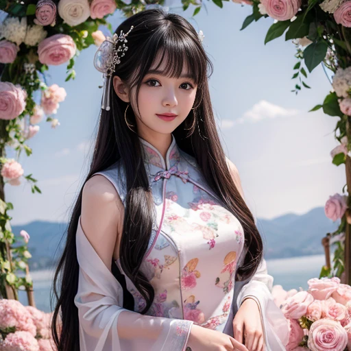 best quality, Delicate face,beautiful visual work, lifelike, eternity, black hair, Long curly hair, blunt bangs, Smile, 在flower园里, flower, Detailed Background, Delicate face,pink blush,cold,((masterpiece))、(top quality)、8k、high detail、Super detailed,21 years old female,Wearing Chinese cheongsam、Seductive and whimsical style、masterpiece、born、Scenes resembling fairy tale illustrations、intricate details和複雜的設計、Beautifully、magic、capricious、 Beautifully、Dream aesthetics、「𝓡𝓸𝓶𝓪𝓷𝓽𝓲𝓬、ethereal、charming、fickle、magic」、realism、Visual effects、FXAA、SSAO、Shader、voiceless、ambient lighting、Tone mapping、High resolution、Ultra high quality、Million pixels、(8K resolution:1.10)、8k、8k以下、8K resolution、high detail、intricate details, (high quality:1.2、masterpiece:1.2、:1.21)、(21 years old female:1.21)、(興奮地Smile)、(Surrounded by a dreamy atmosphere、Model diagram,full-body shot,Normal 2 feet,Don't show your fingers,Japanese folding fan opens on the chest