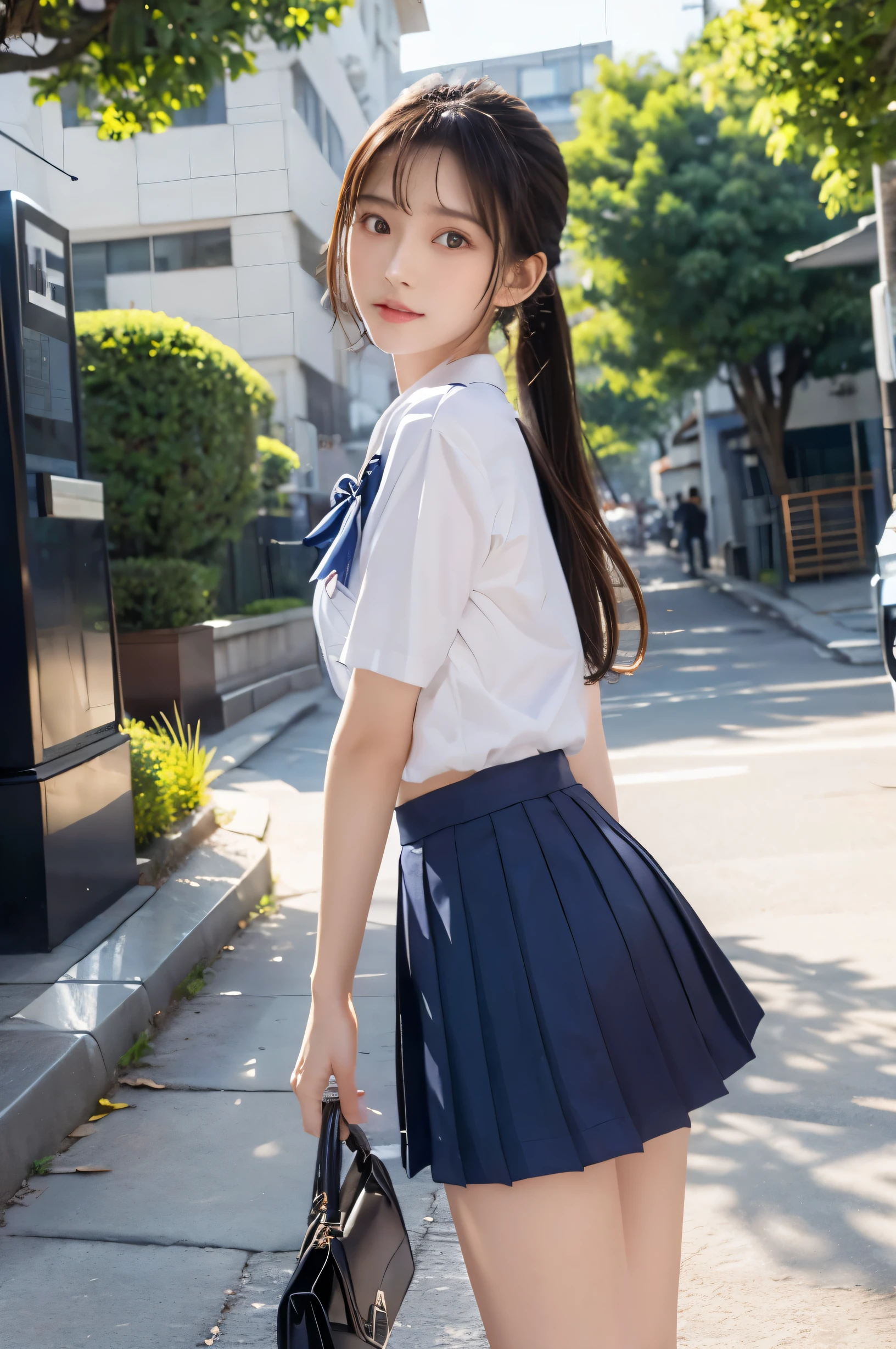 (Ultra HD), (Short-sleeved sailor uniform, Navy blue mini skirt), Big Breasts, slender, Narrow waist, whole body, Standing posture, (Clean and shiny skin, Whitening, No makeup), (Super slim face, Super beautiful face), (ponytail, Layered Cut, Fluffy hair), (double eyelid, Slanted Eyes), Small Nose, Thin lips, Thin legs, In front of the school gate, evening