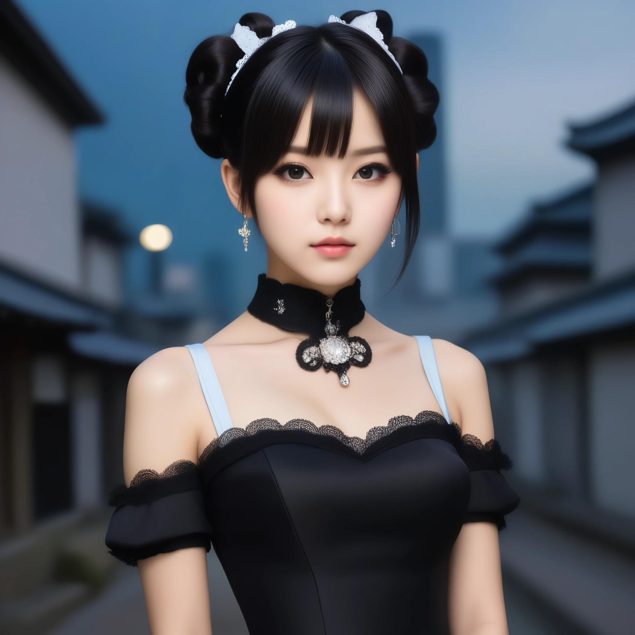 8k, Ultra-high resolution, Highest quality, masterpiece, 三分割法によるphotograph,Surreal, photograph, 1 Girl, (:1.3), pretty girl, Cute Face, Beautiful eyes in every detail, 細かくdetailedに,masterpiece,One Girl:1.2,Japanese female announcer,extream close up,Serious expression,Black short hair,Updo hairstyle,Maid Android,((Fusion of Gothic Lolita and La fashion:1,bracelet, chest, choker, clavicle, Earrings,Futuristic cityscape ,Perfect and beautiful face ,完璧でCute Face, Skin with attention to detail, Perfect limbs、Narrow waist,Looking at the audience,(((Ideal body type))),Aカップの小さなchest :2,Portraiture:2,Perfect Anatomy,鮮明なdetailed,detailed,Surreal,Light and shadow,stage lights