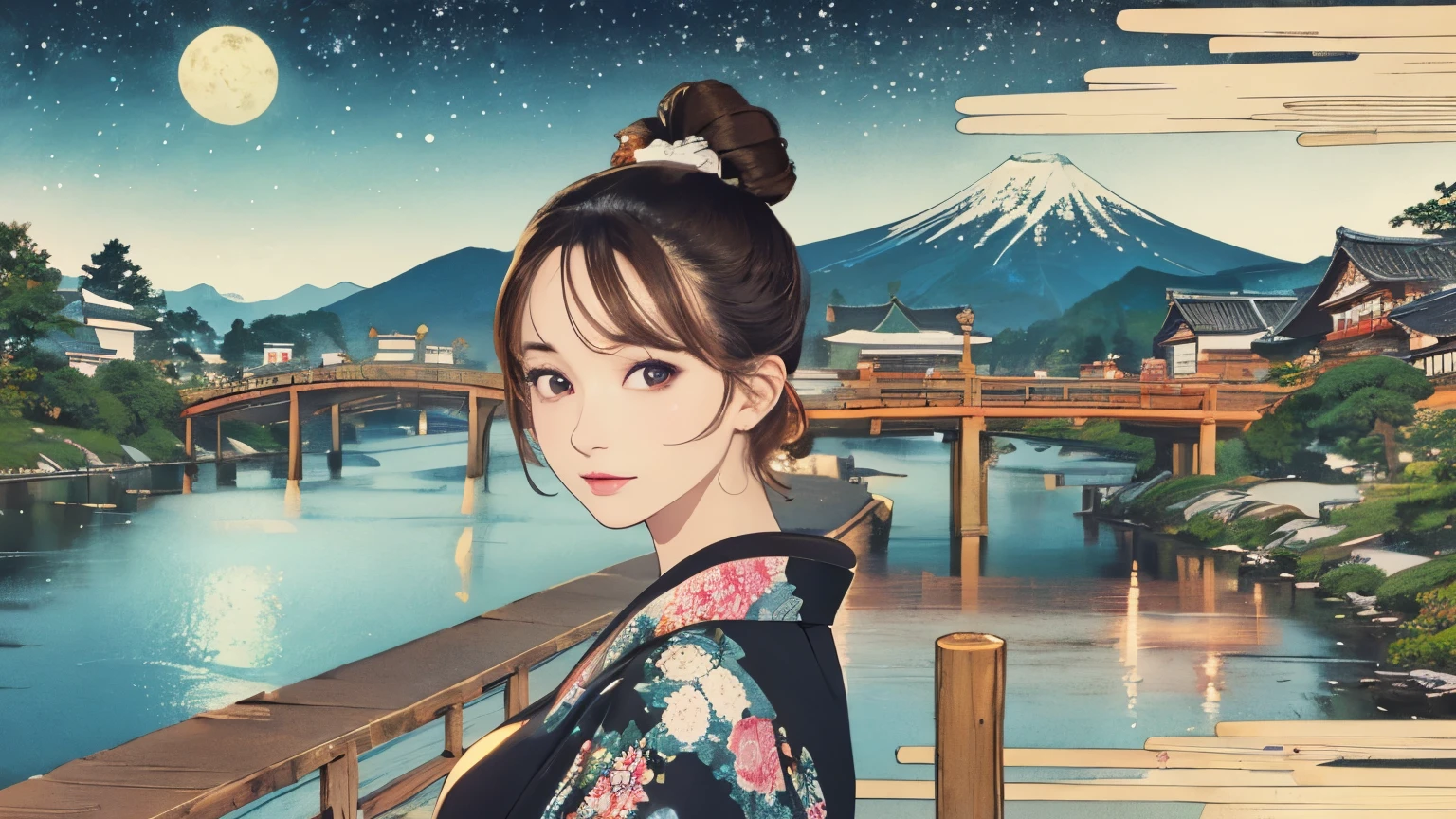 (Highest quality, 8k, masterpiece, High resolution), (whole body), Vibrant colors, (Japanese style headphones), Brown-black bob, Traditional topknot, Ample breasts, (Highly detailed face and eyes, Beautiful Face, Beautiful Eyes, Beautiful nose, Pretty lips), Official Art, Ukiyo-e style, (Beautiful woman in kimono), (Vivid floral patterned kimono), background, river, bridge, Mountain, wood, Starry Sky, moon, Detailed CG, 