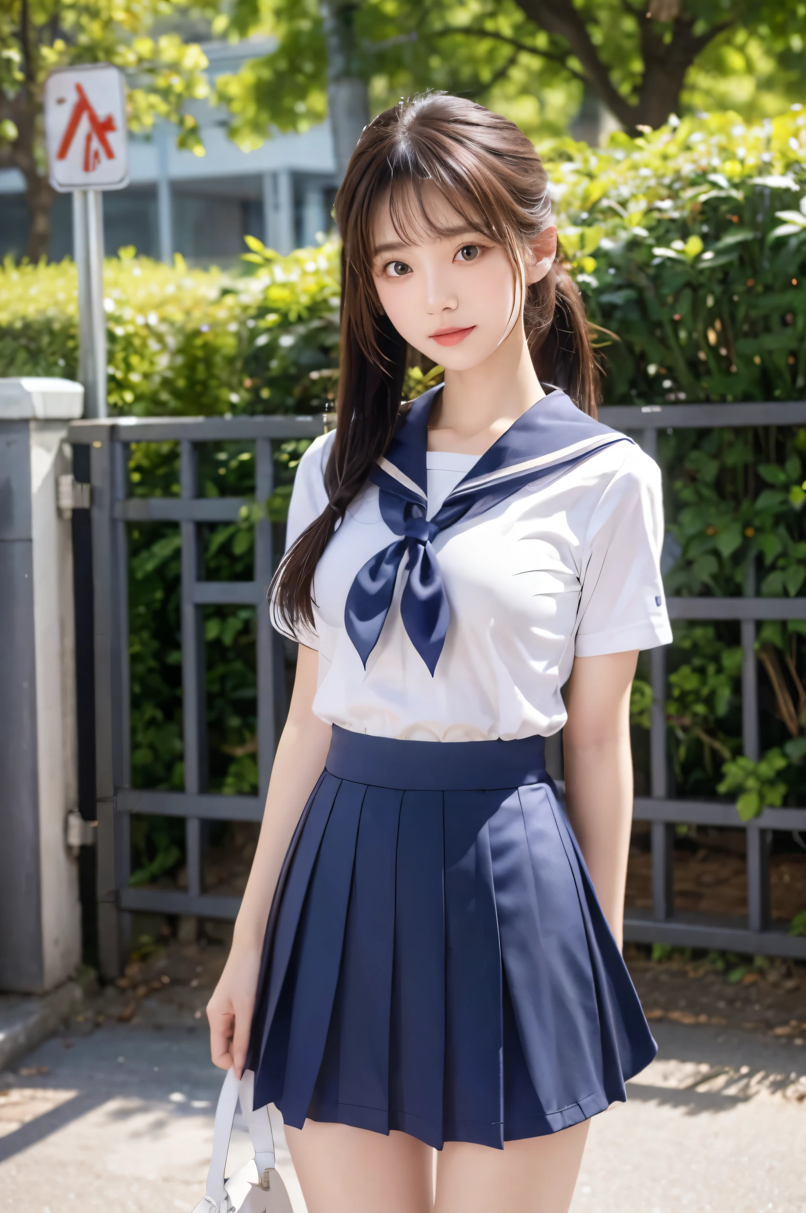 (Ultra HD), (Short-sleeved sailor uniform, Navy blue mini skirt), Big Breasts, slender, Narrow waist, whole body, Standing posture, (Clean and shiny skin, Whitening, No makeup), (Super slim face, Super beautiful face), (ponytail, Layered Cut, Fluffy hair), (double eyelid, Slanted Eyes), Small Nose, Thin lips, Thin legs, In front of the school gate, evening