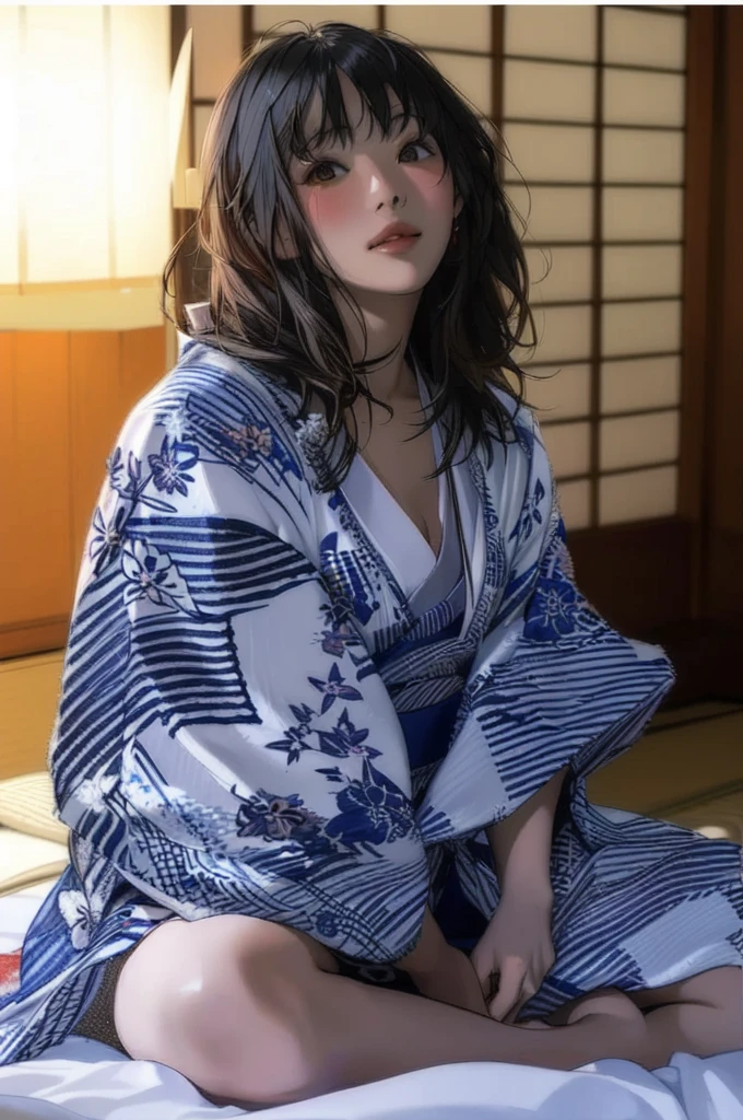 8K quality、High resolution、Realistic skin texture、High resolutionの瞳、woman、Japan summer yukata、Princess Hair、thin、リアルなwoman器、White thighs, small and young breasts、Realistic tongue、Beautiful cleavage、Brown Hair、thin脚、Sweating profusely、Sweat accumulates in the chest、Night at the Inn、Shooting from the side、Invite a man into bed、Whore pose