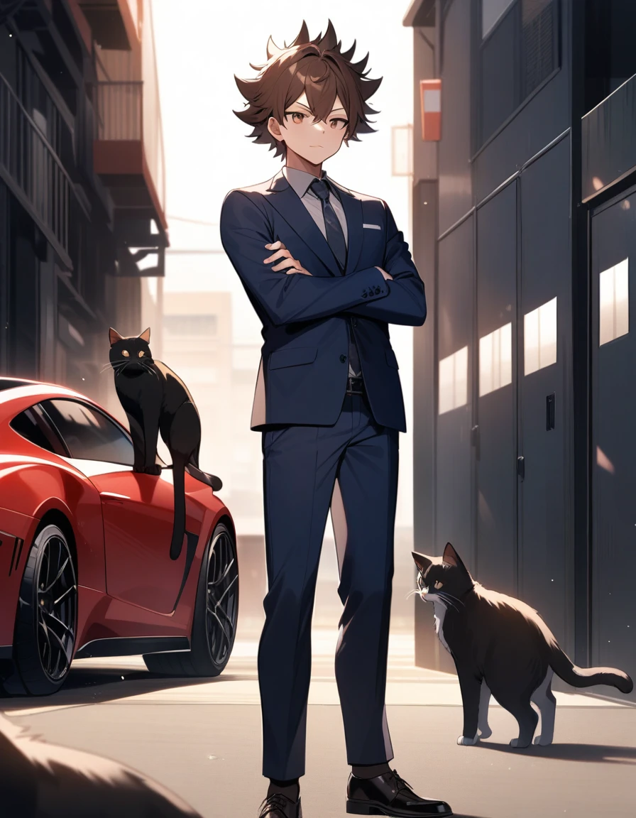 Red sports car, brown eyes, standing with arms folded, spiky hair, brown hair, cat, bright light, navy blue suit with tie, male