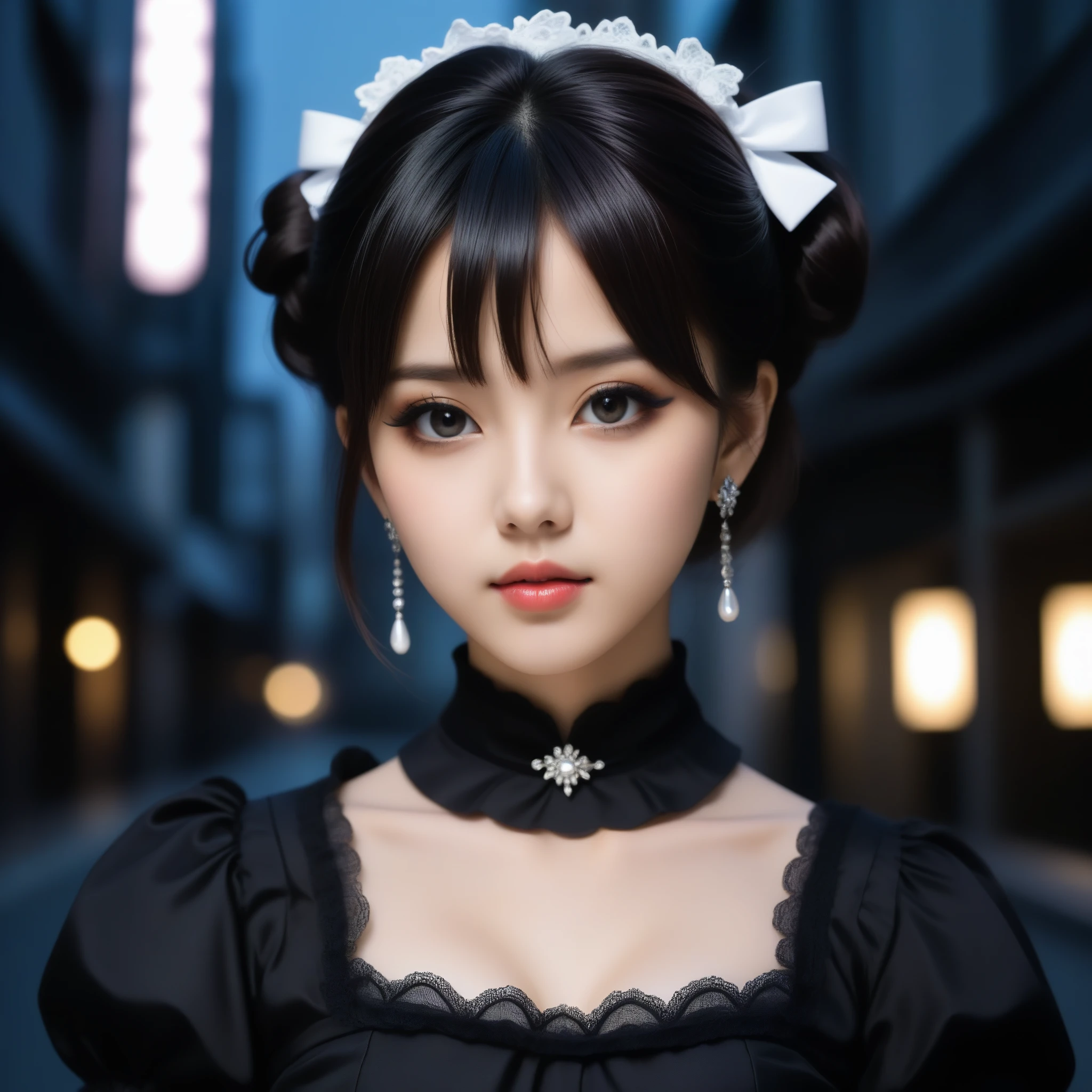 8k, Ultra-high resolution, Highest quality, masterpiece, 三分割法によるphotograph,Surreal, photograph, 1 Girl, (16 years old:1.3), pretty girl, Cute Face, Beautiful eyes in every detail, 細かくdetailedに,masterpiece,One Girl:1.2,Japanese female announcer,extream close up,Serious expression,Black short hair,Updo hairstyle,Maid Android,((Fusion of Gothic Lolita and Lolita fashion:1.3)),bracelet, chest, choker, clavicle, Earrings,Futuristic cityscape ,Perfect and beautiful face ,完璧でCute Face, Skin with attention to detail, Perfect limbs、Narrow waist,Looking at the audience,(((Ideal body type))),Aカップの小さなchest :2,Portraiture:2,Perfect Anatomy,鮮明なdetailed,detailed,Surreal,Light and shadow,stage lights