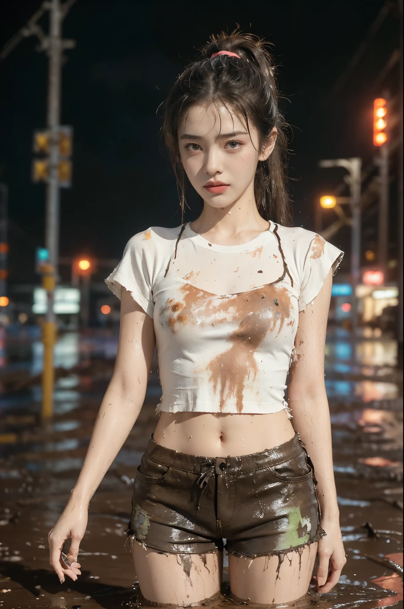 (((best quality))),(((ultra detailed))),(((masterpiece))),illustration,((1 beautiful girl,solo)),(short ponytail:1.2),(((sweat,wet))),((slim,thin)),((small breasts,flat chest)),(torn brown short-sleeved shirt:1.3),(torn brown sports pants:1.3),(standing:1.3),(cyberpunk city:1.3),(body soaked In the mud pit:1.3),(summer:1.2),(downpour:1.2), (mud-covered:1.2), street corner, resilience, fierce determination,vibrant colors,(mud splattered:1.3),city chaos,(muck:1.3),(neon lights:1.2),(muddy flooded street:1.3), towering buildings,(pounding rain:1.3), distressed structures,,(night scene:1.3),((from front,upper body))