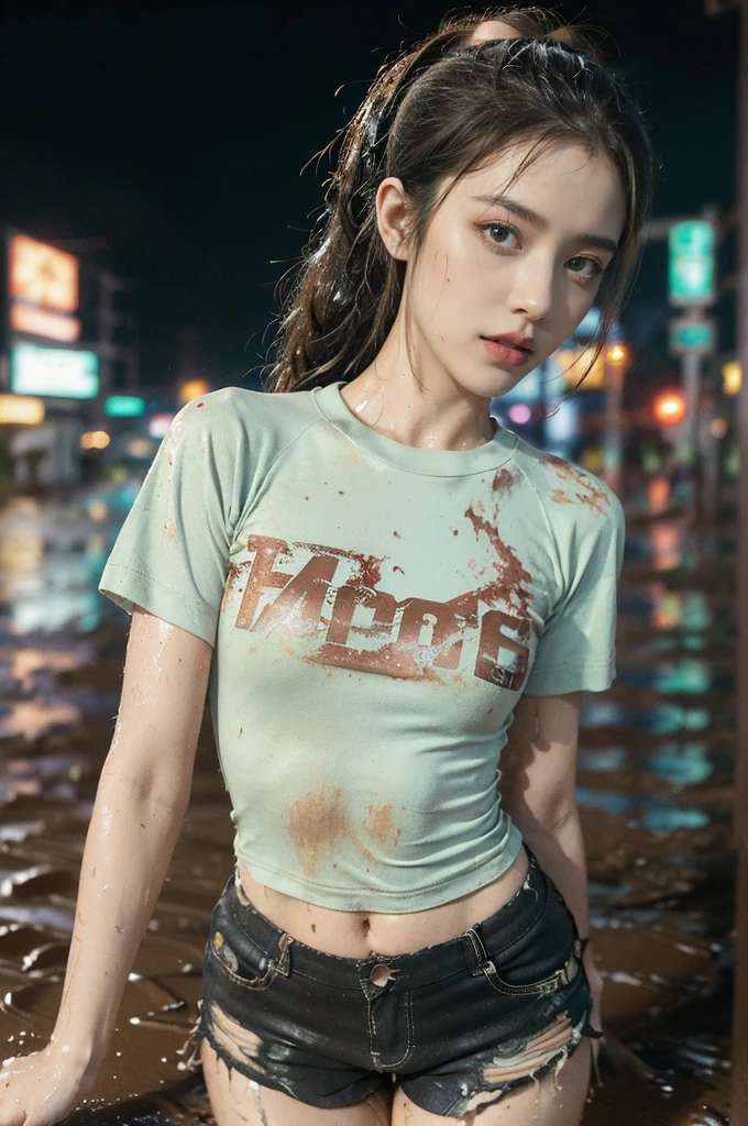(((best quality))),(((ultra detailed))),(((masterpiece))),illustration,((1 beautiful girl,solo)),(short ponytail:1.2),(((sweat,wet))),((slim,thin)),((small breasts,flat chest)),(torn brown short-sleeved shirt:1.3),(torn brown sports shorts:1.3),(standing:1.3),(cyberpunk city:1.3),(body soaked In the mud pit:1.3),(summer:1.2),(downpour:1.2), (mud-covered:1.2), street corner, resilience, fierce determination,vibrant colors,(mud splattered:1.3),city chaos,(muck:1.3),(neon lights:1.2),(muddy flooded street:1.3), towering buildings,(pounding rain:1.3), distressed structures,,(night scene:1.3),((from front,upper body))