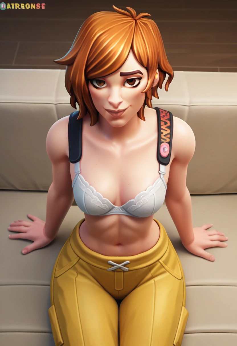 score_9,score_8_up,score_7_up BREAK Aprilfortnite,1girl,solo,brown hair,brown eyes,yellow pants,room,room background,cowboy shot, source_cartoon, toony, from above, looking on viewer, seductive smile, aroused, showing breasts, white bra, shy, sitting on sofa, bare shoulders, nude body,