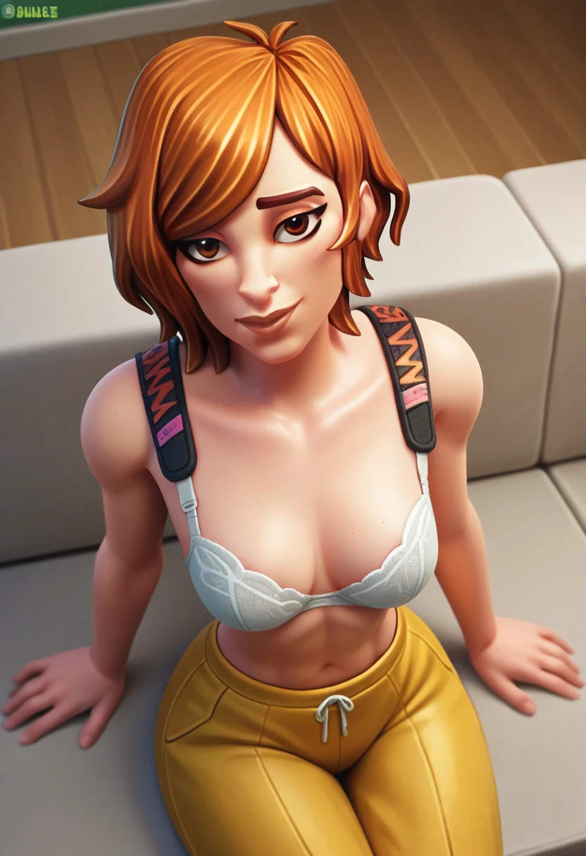 score_9,score_8_up,score_7_up BREAK Aprilfortnite,1girl,solo,brown hair,brown eyes,yellow pants,room,room background,cowboy shot, source_cartoon, toony, from above, looking on viewer, seductive smile, aroused, showing breasts, white bra, shy, sitting on sofa,  bare shoulders, nude body,