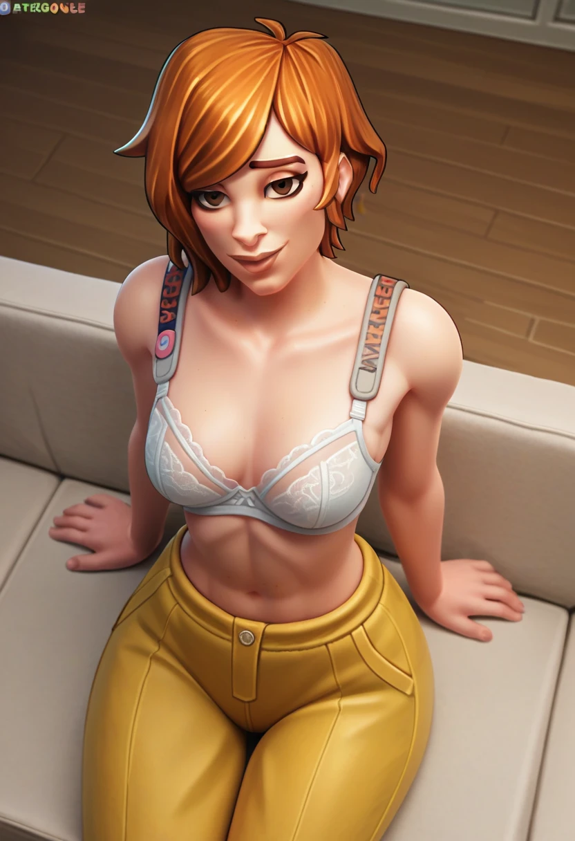 score_9,score_8_up,score_7_up BREAK Aprilfortnite,1girl,solo,brown hair,brown eyes,yellow pants,room,room background,cowboy shot, source_cartoon, toony, from above, looking on viewer, seductive smile, aroused, showing breasts, white bra, shy, sitting on sofa, bare shoulders, nude body,