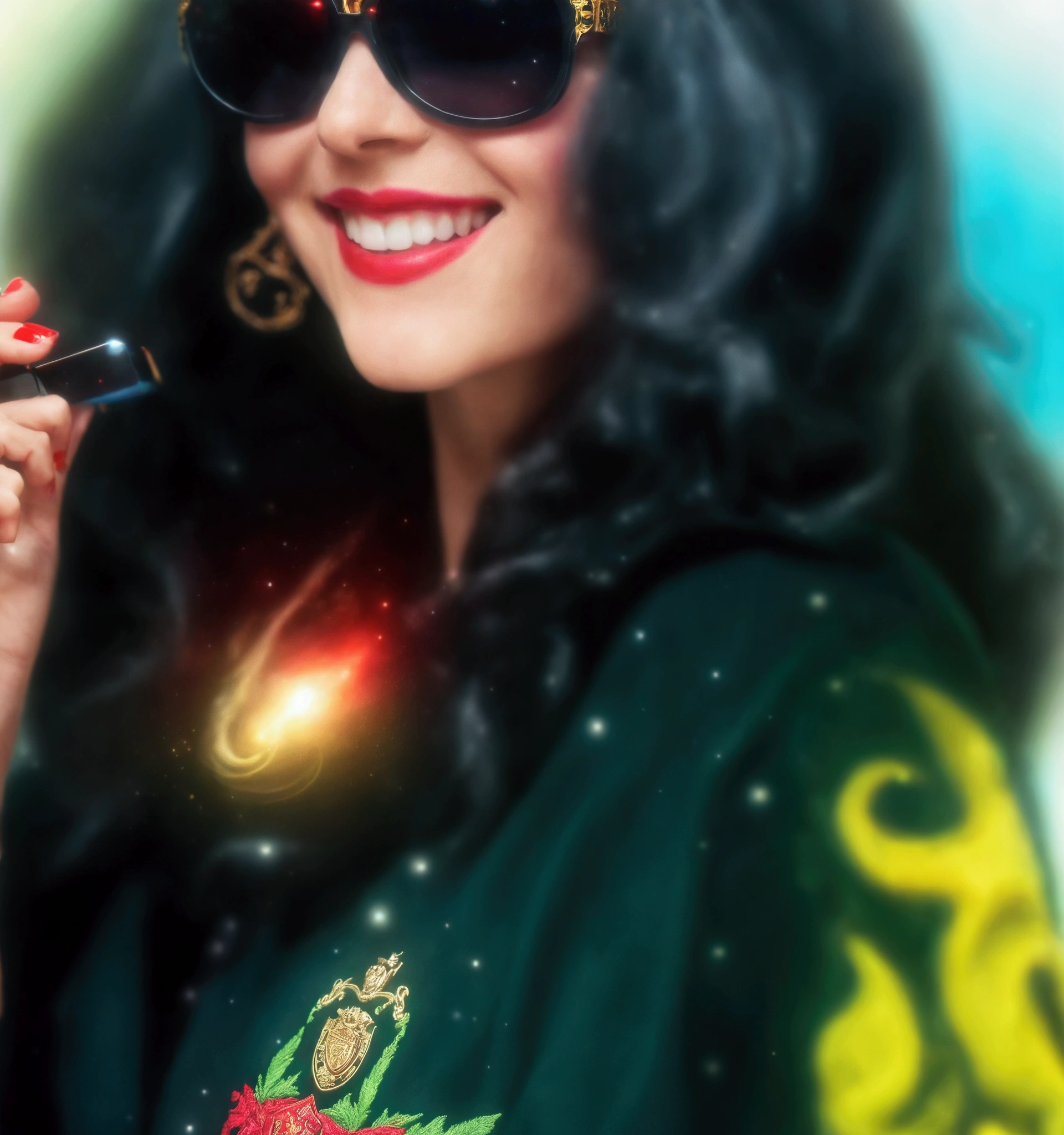 smiling woman in sunglasses holding a cell phone in her hand, profile image, profile photo, wearing versace sunglasses, wearing hogwarts!!! robes!!!, not blurry, profile shot, profile picture, avatar image, profile pic, wearing a marijuana t - shirt, wearing psychedelic wicca, with sunglass, with red haze and a massive grin, very very low quality picture