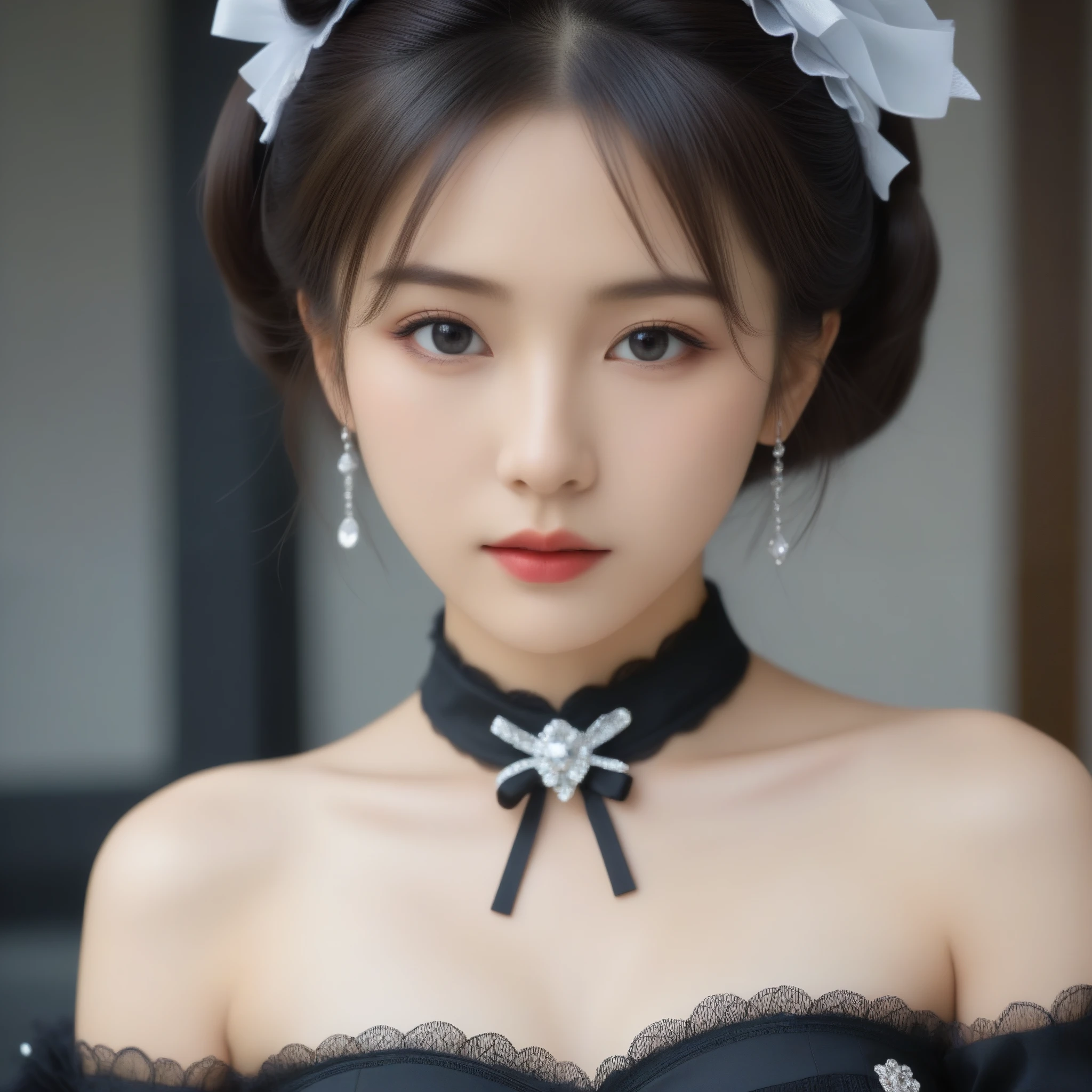 8k, Ultra-high resolution, Highest quality, masterpiece, 三分割法によるphotograph,Surreal, photograph, 1 Girl, (:1.3), pretty girl, Cute Face, Beautiful eyes in every detail, 細かくdetailedに,masterpiece,One Girl:1.2,Japanese female announcer,extream close up,Serious expression,Black short hair,Updo hairstyle,Maid Android,((Fusion of Gothic Lolita and Lolita fashion:1.3)),bracelet, chest, choker, clavicle, Earrings,Futuristic cityscape ,Perfect and beautiful face ,完璧でCute Face, Skin with attention to detail, Perfect limbs、Narrow waist,Looking at the audience,(((Ideal body type))),Aカップの小さなchest :2,Portraiture:2,Perfect Anatomy,鮮明なdetailed,detailed,Surreal,Light and shadow,stage lights