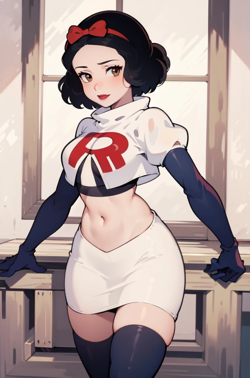 1girl, solo,   SnowWhite, short hair, black hair, smooth hair, brown eyes, lipstick, red lipstick, pale skin, hair bow, hairband, team rocket,team rocket uniform,white skirt,red letter R,crop top,black thigh-highs,black elbow gloves, cowboy shot, looking at viewer,