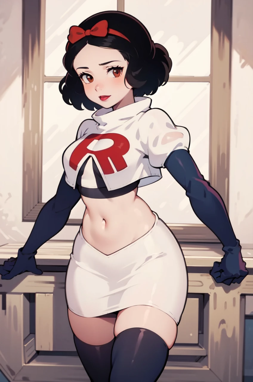 1girl, solo,   SnowWhite, short hair, black hair, smooth hair, brown eyes, lipstick, red lipstick, pale skin, hair bow, hairband, team rocket,team rocket uniform,white skirt,red letter R,crop top,black thigh-highs,black elbow gloves, cowboy shot, looking at viewer,