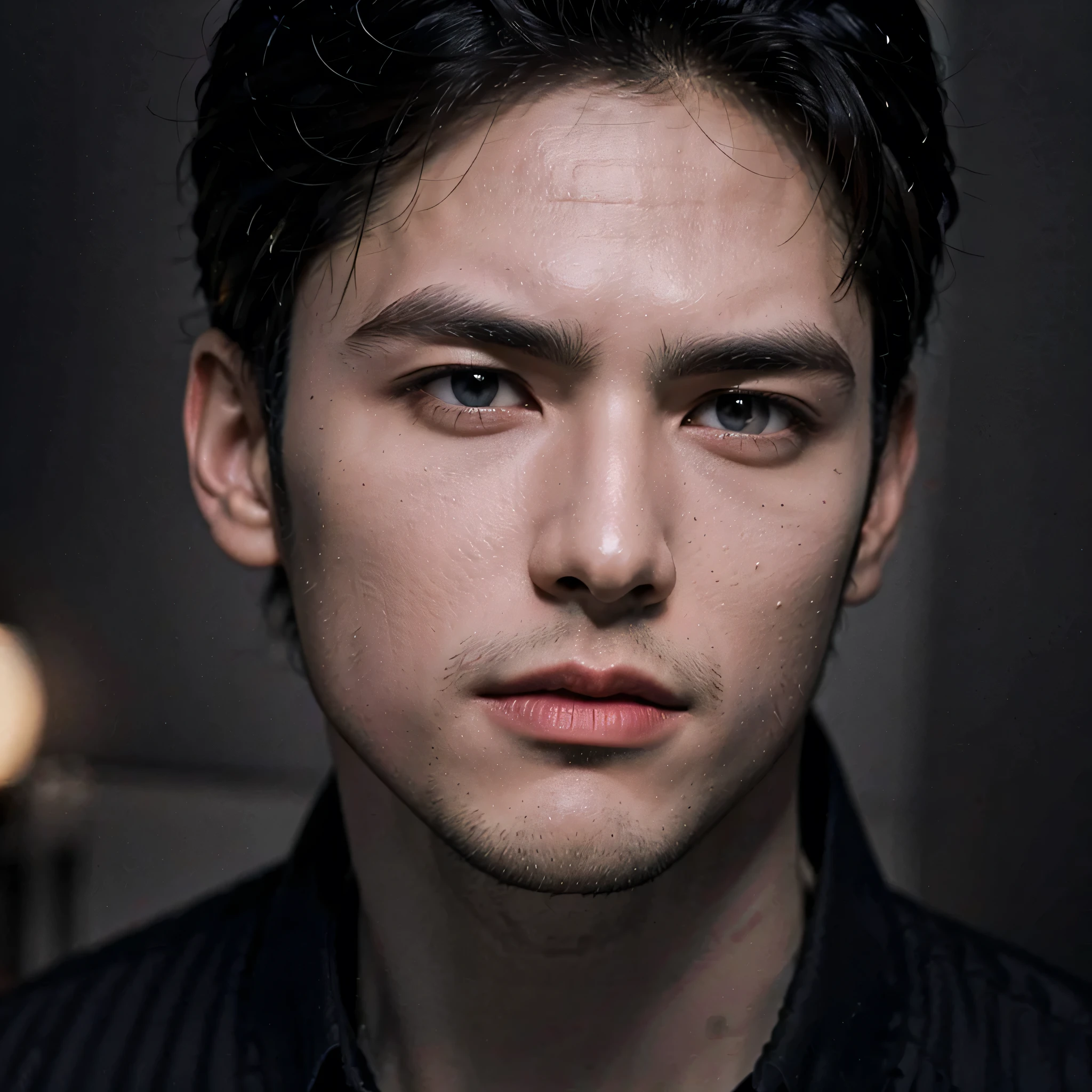 (masterpiece),(best quality:1.0), (ultra highres:1.0), detailed photography, 8k, 1man, handsome man, wearing a black shirt, handsome face, detailed face, beautiful eyes, detailed eyes, dark brown eyes, beautiful stylish slicked back hair, best quality, vibrant, manly face, perfect jaw, perfect chin, detailed hair, perfect hair