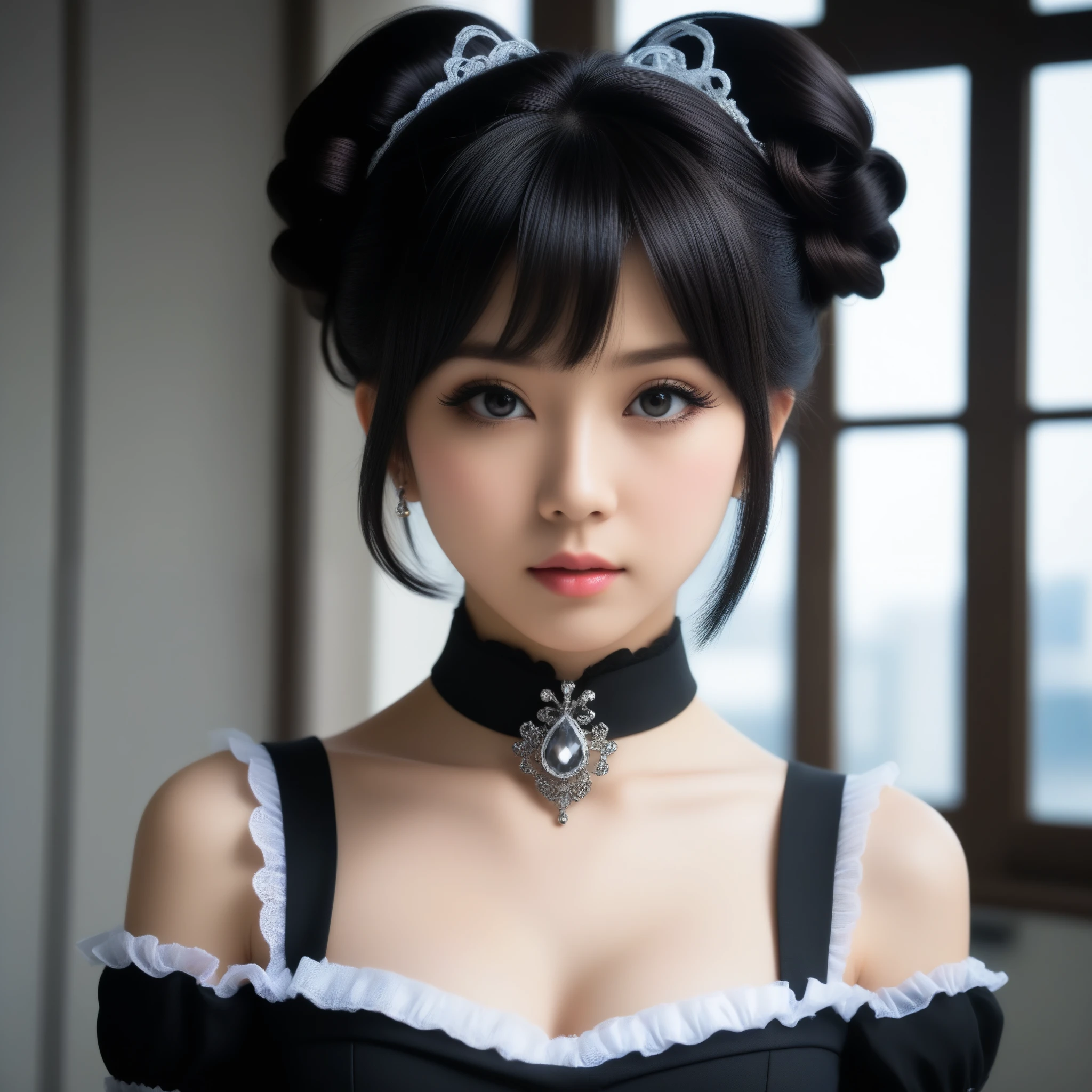 8k, Ultra-high resolution, Highest quality, masterpiece, 三分割法によるphotograph,Surreal, photograph, 1 Girl, (16 years old:1.3), pretty girl, Cute Face, Beautiful eyes in every detail, 細かくdetailedに,masterpiece,One Girl:1.2,Japanese female announcer,extream close up,Serious expression,Black short hair,Updo hairstyle,Maid Android,((Fusion of Gothic Lolita and Lolita fashion:1.3)),bracelet, chest, choker, clavicle, Earrings,Futuristic cityscape ,Perfect and beautiful face ,完璧でCute Face, Skin with attention to detail, Perfect limbs、Narrow waist,Looking at the audience,(((Ideal body type))),Aカップの小さなchest :2,Portraiture:2,Perfect Anatomy,鮮明なdetailed,detailed,Surreal,Light and shadow,stage lights