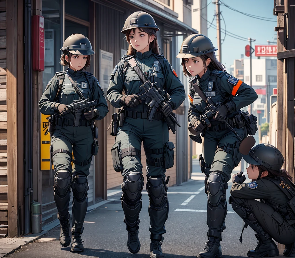 A group of policewomen in brown、Wear a steel helmet、Gloves、Magazine Pouch、Tactical shoulder strap、Knee pads、Write details、masterpiece、best quality、Highly detailed CG、8K picture quality