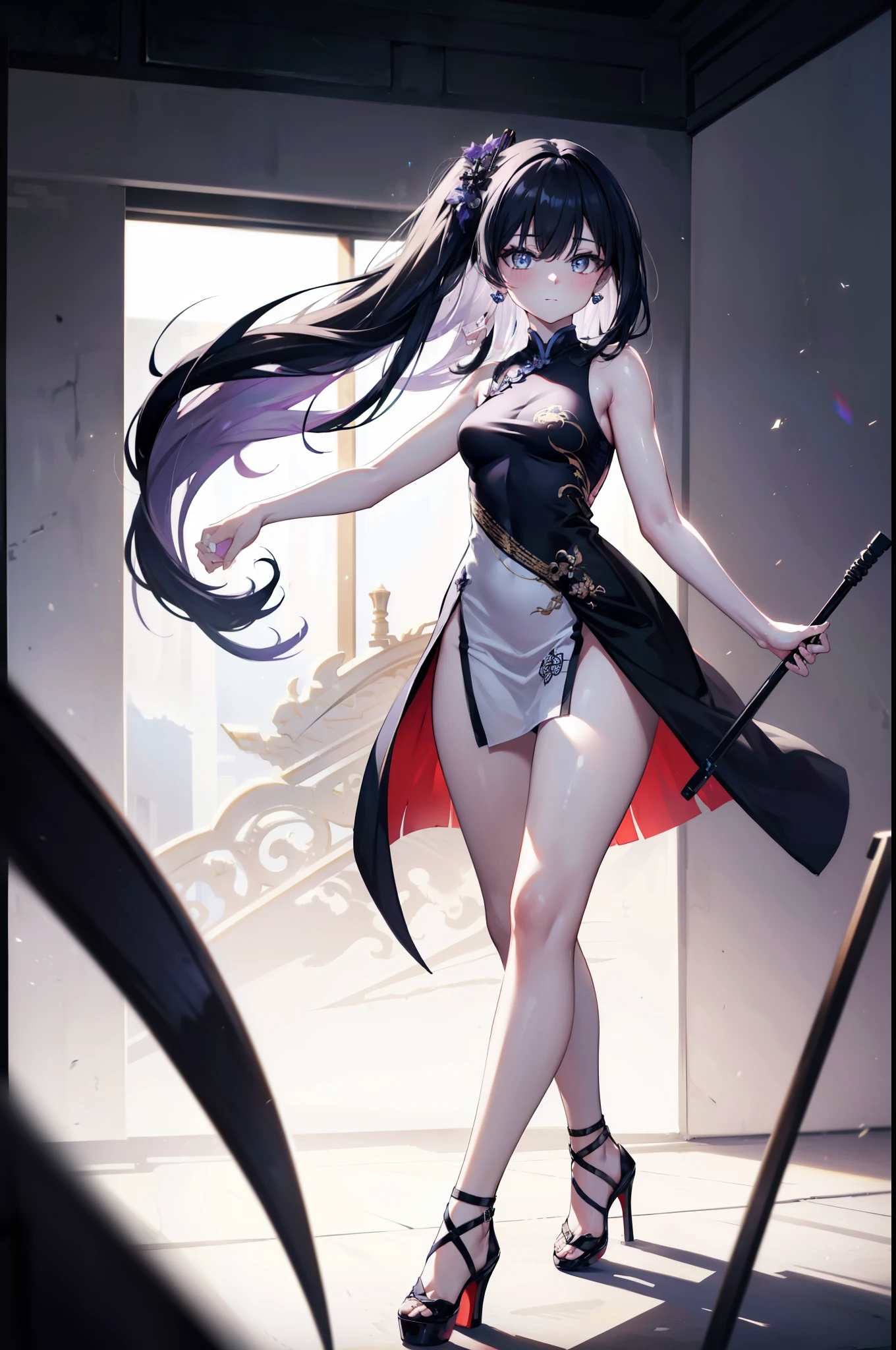 Takada Rokka, rich back lane, Black Hair, blue eyes, Long Hair, List scrunchie,smile,blush,Sleeveless purple white Chinese dress,Long slit,Black pantyhose,Stiletto heels,Walking,
break looking at viewer, whole body, break indoors, Chinese style room, break (masterpiece:1.2), Highest quality, High resolution, unity 8k wallpaper, (shape:0.8), (Beautiful and beautiful eyes:1.6), Highly detailed face, Perfect lighting, Highly detailed CG, (Perfect hands, Perfect Anatomy),