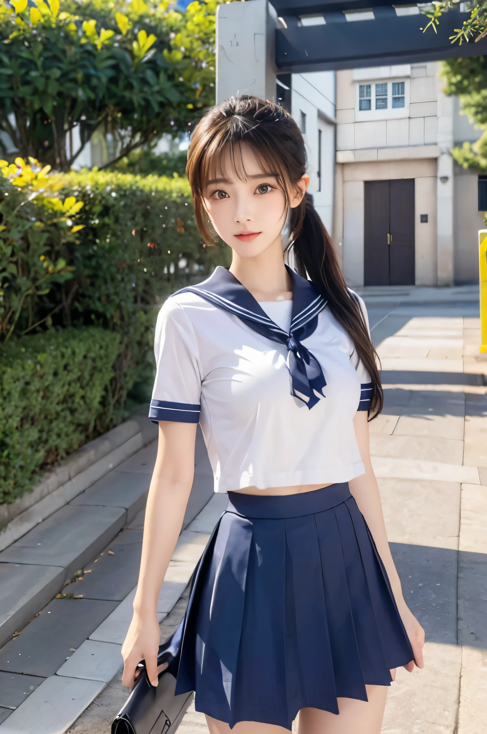 (Ultra HD), (Short-sleeved sailor uniform, Navy blue mini skirt), Big Breasts, slender, Narrow waist, whole body, Standing posture, (Clean and shiny skin, Whitening, No makeup), (Super slim face, Super beautiful face), (ponytail, Layered Cut, Fluffy hair), (double eyelid, Slanted Eyes), Small Nose, Thin lips, Thin legs, In front of the school gate, evening
