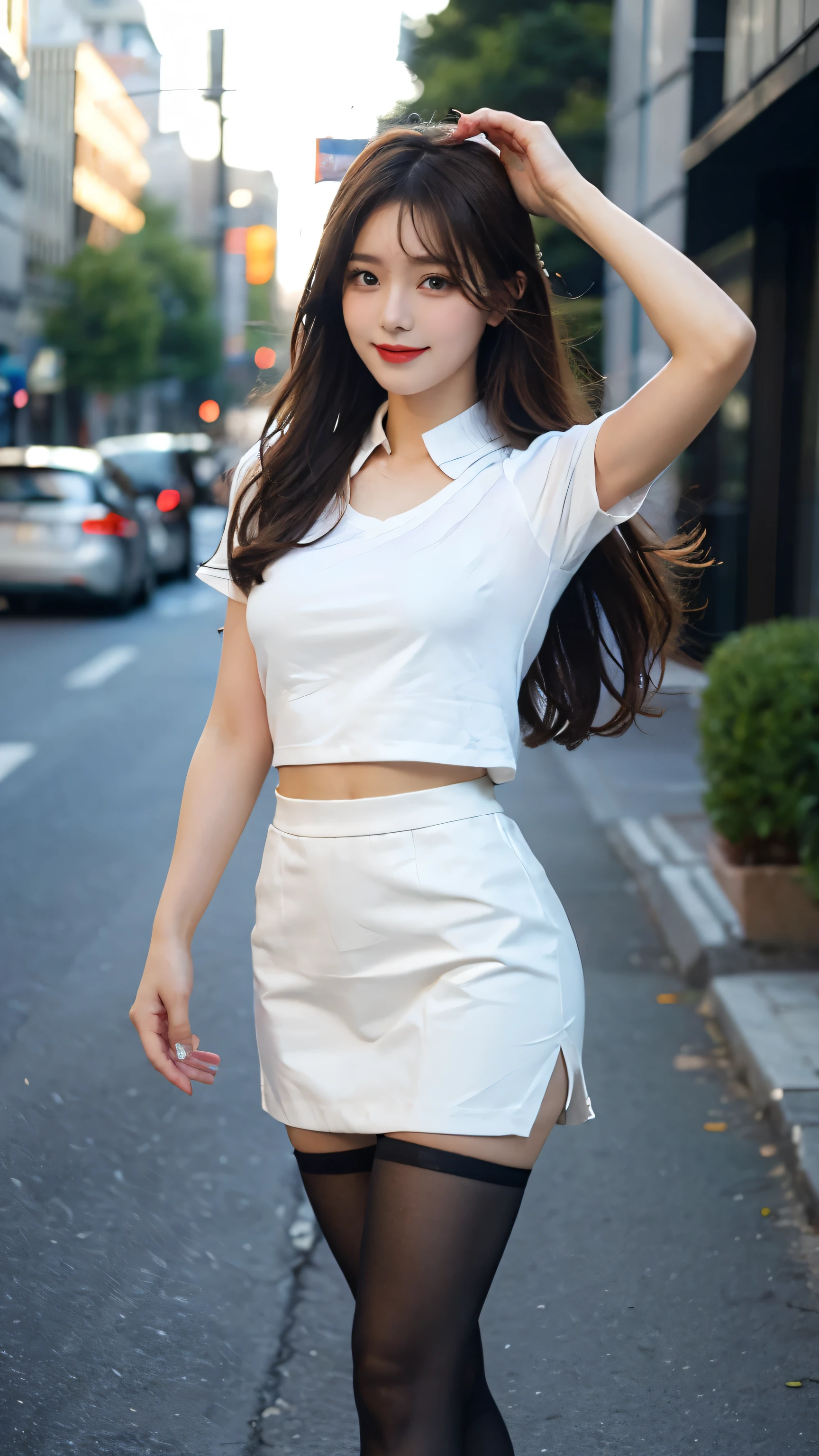 Best quality， Ultra-high resolution， Face Focus（truly：1.6），Cute hairpin，Baoyu girl，1 Girl, Beautiful slim woman:1.4, Abdominal muscles:1.2, (Brown hair,Medium breasts:1.4), shirt:1.1, outdoor（blur background：2）,，Ultra-thin face，Exquisite eyes，Double eyelids，Smile，whole body，Thin legs，Long legs，Standing，Dance moves，Slender legs，I can see your thighs，Short skirt，Collar（1.8），Black translucent stockings（1.6）