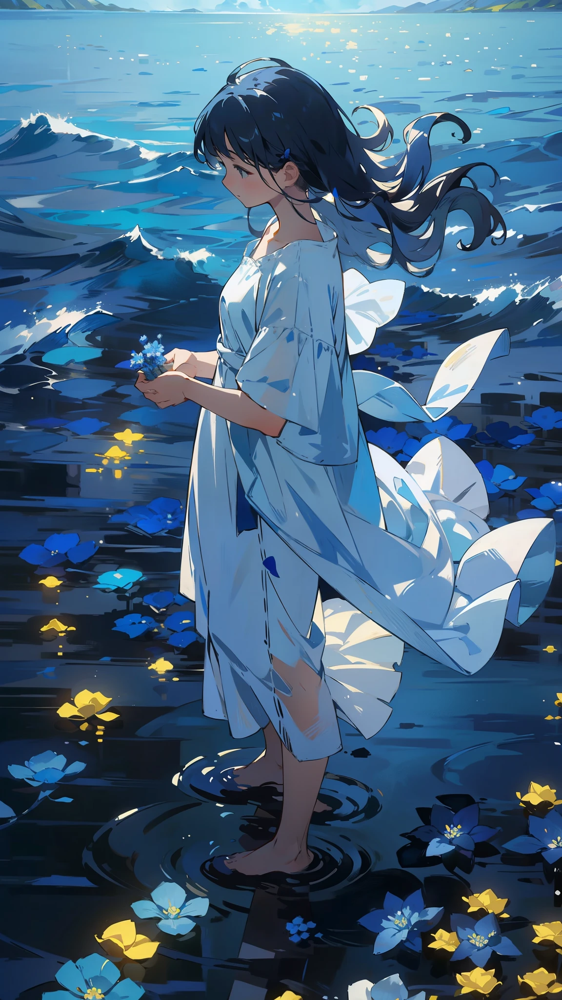 4. A sea of blue flowers：Woman standing in a sea of blue flowers，Blue petals swaying in the breeze。Her presence adds an ethereal beauty to the scene，Her serene expression reflects the tranquility of the nature around her。